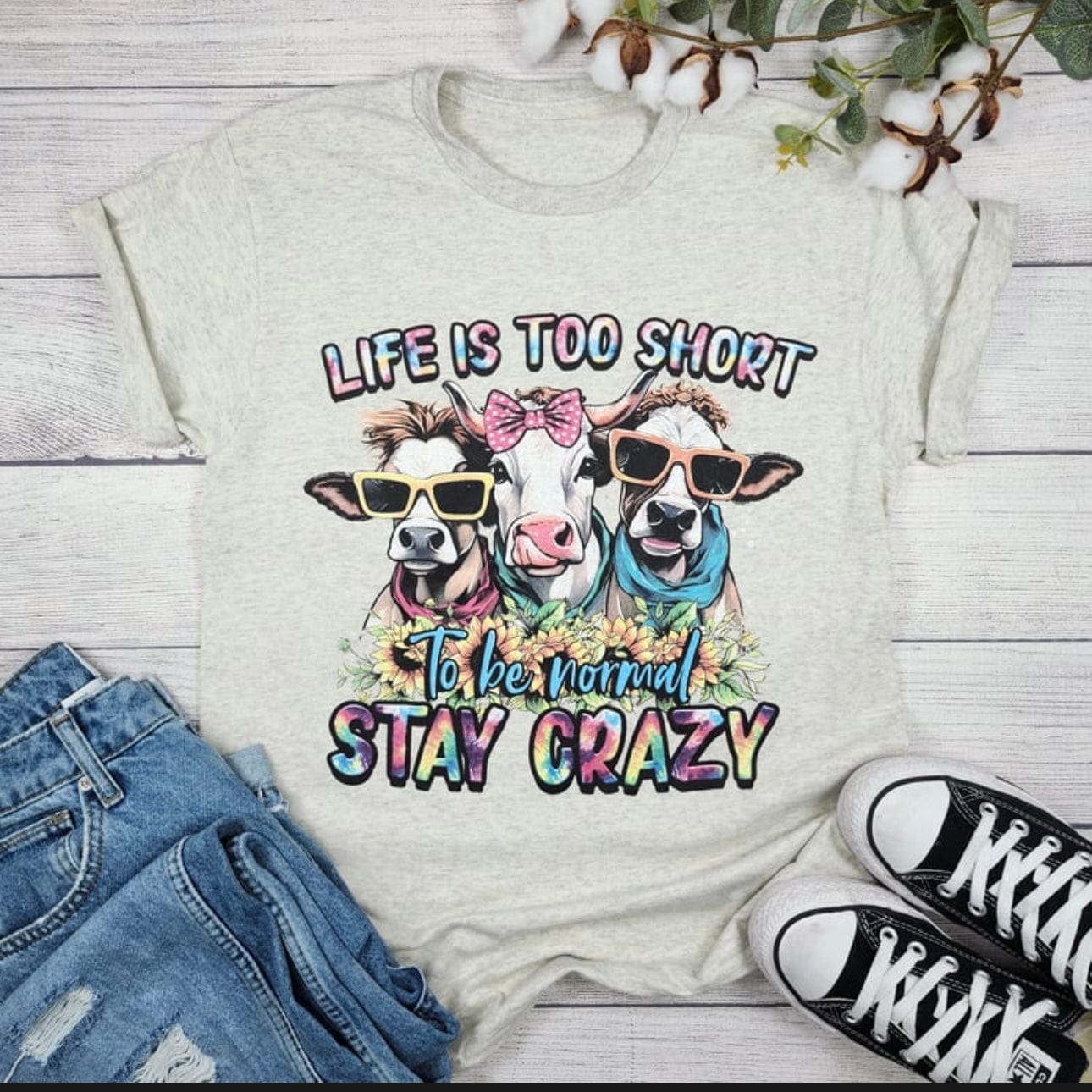Women - Apparel - Shirts - T-Shirts Life Is Too Short TieDye Cows Graphic Tee