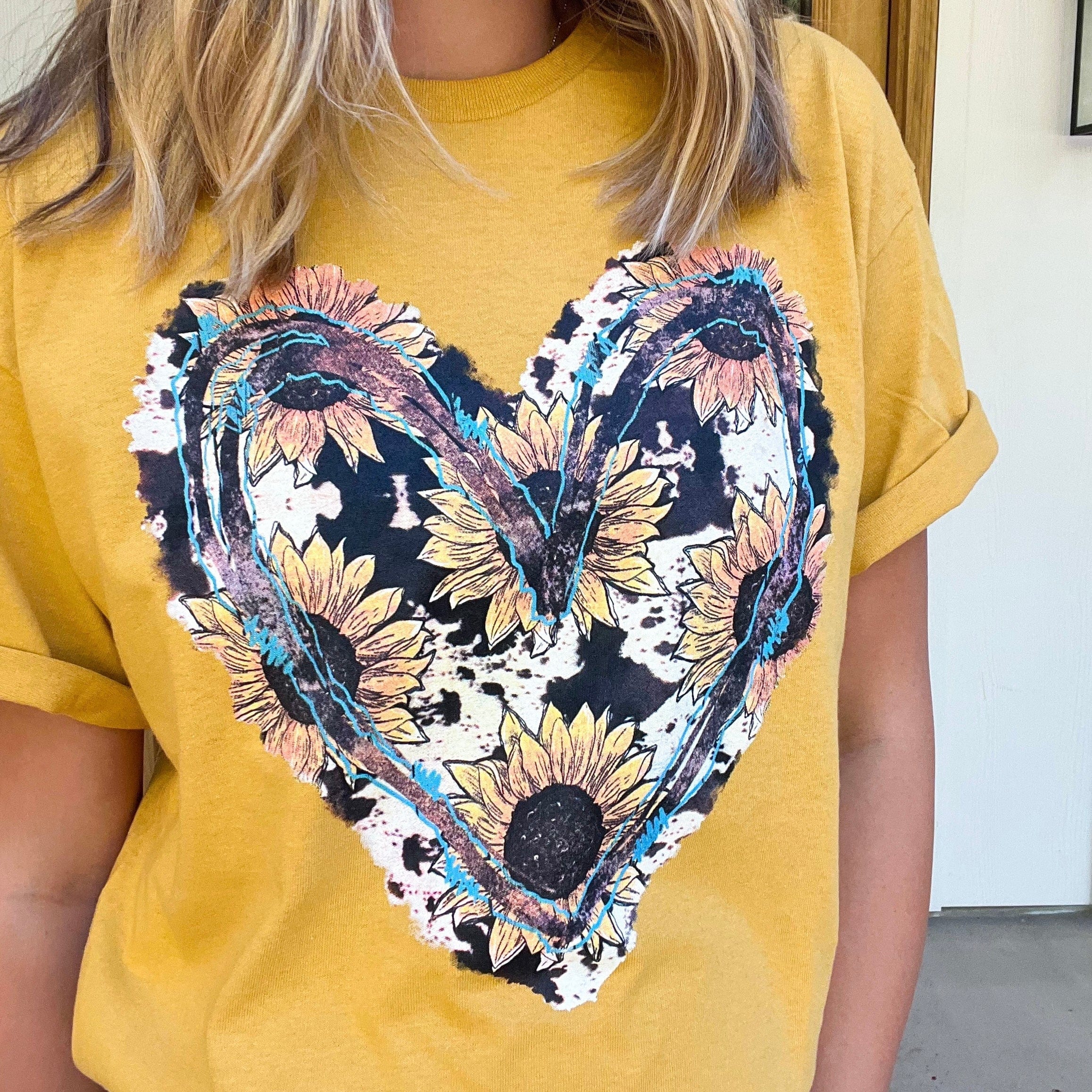 Women - Apparel - Shirts - T-Shirts Sunflower and Turquoise Heart Graphic Tee