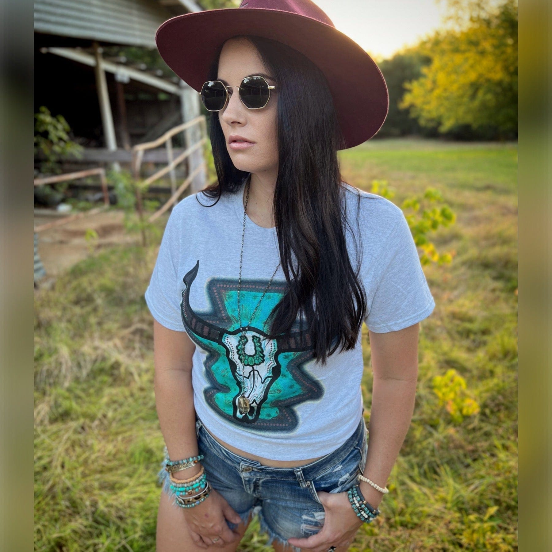 Turquoise Bull Skull Graphic Tee