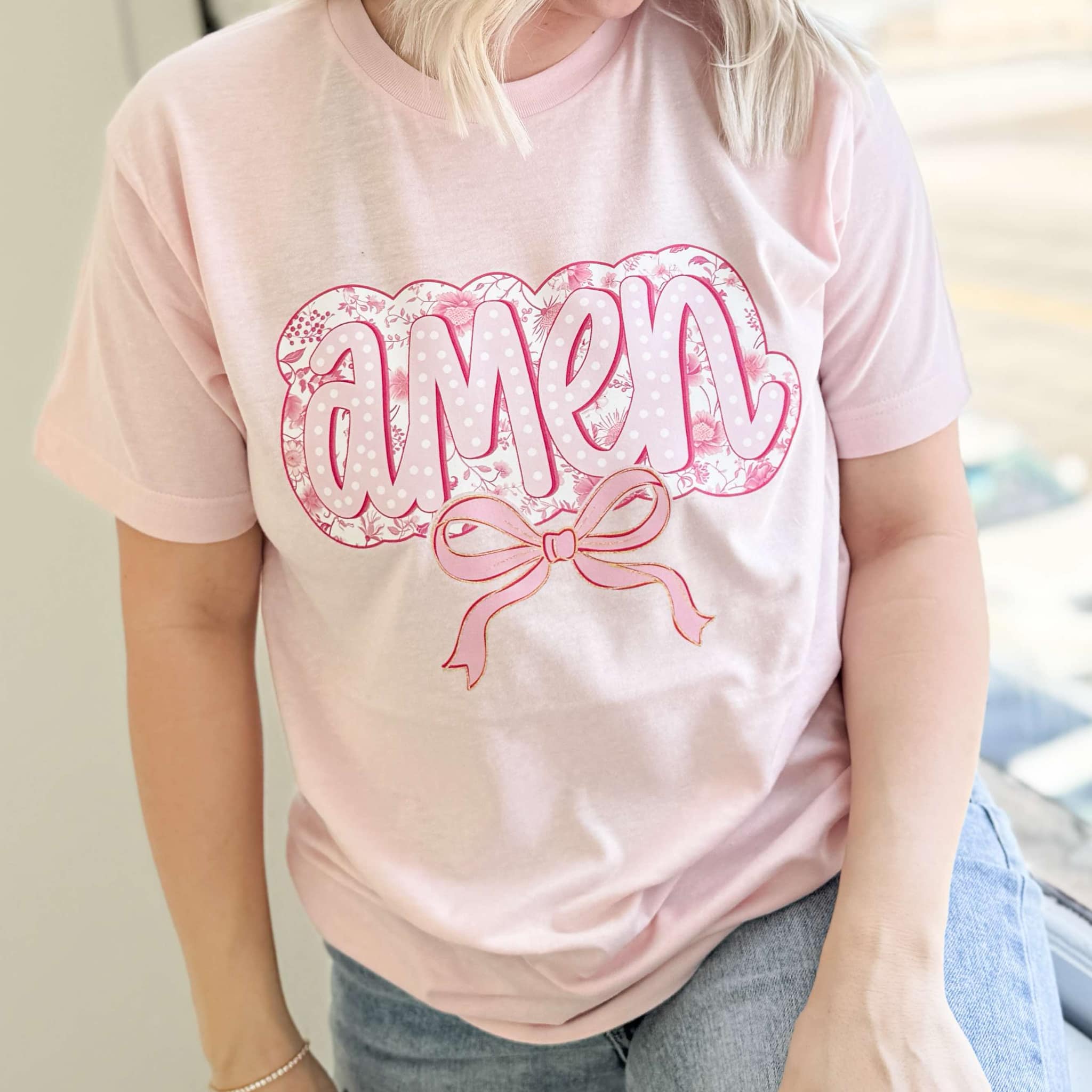 Women - Apparel - Shirts - T-Shirts Amen Pink Bow Graphic Tee
