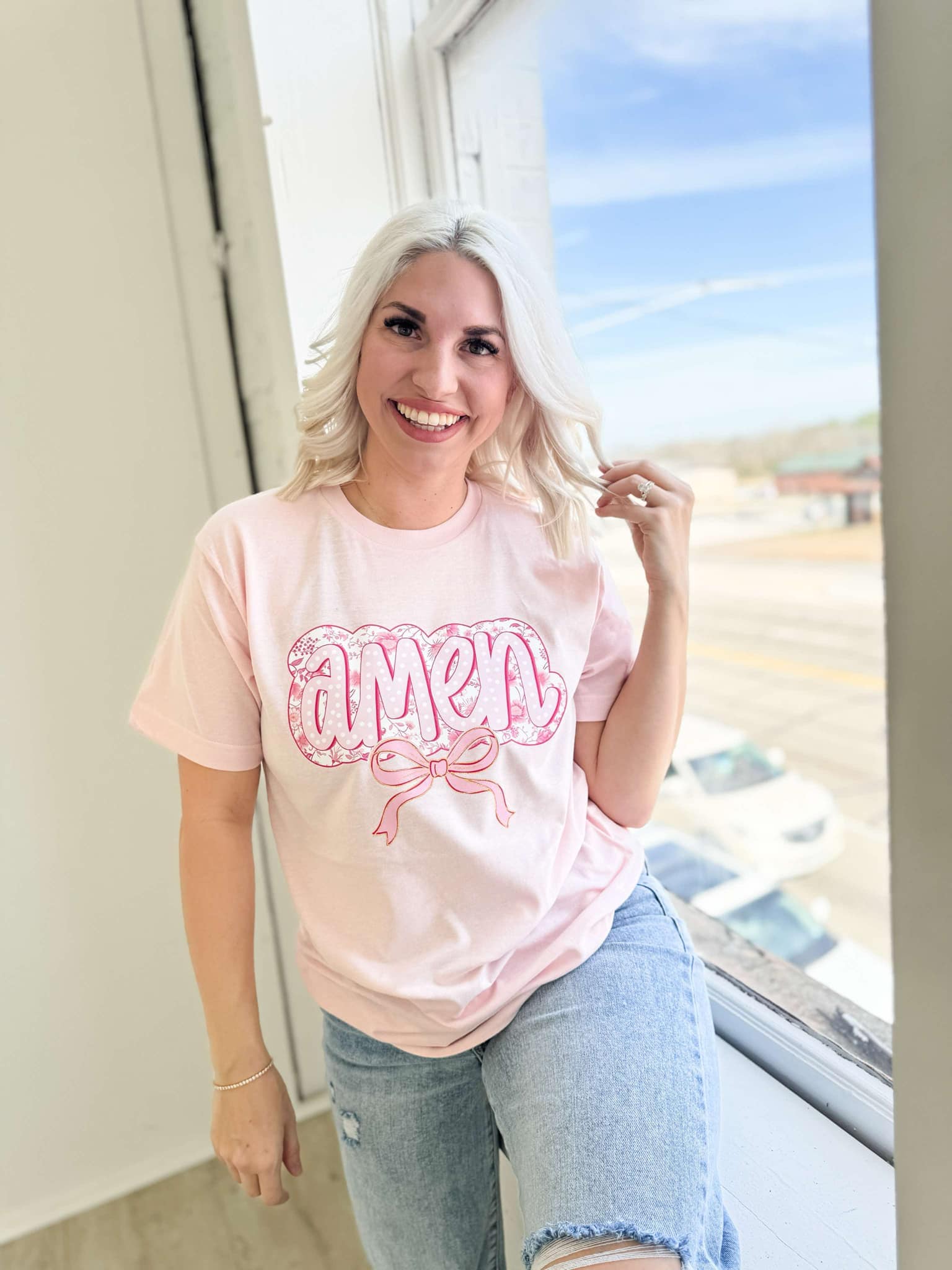 Women - Apparel - Shirts - T-Shirts Amen Pink Bow Graphic Tee