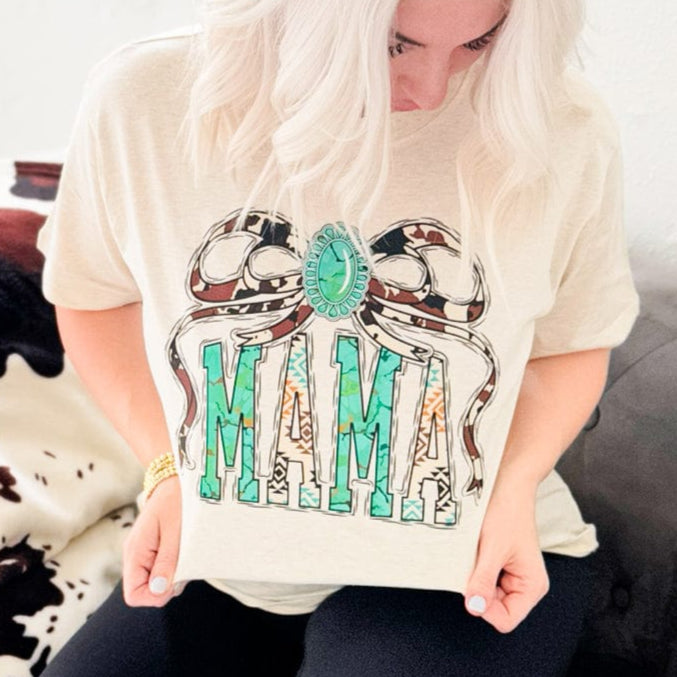 Women - Apparel - Shirts - T-Shirts Aztec Mama With Cow Print Bow Graphic Tee