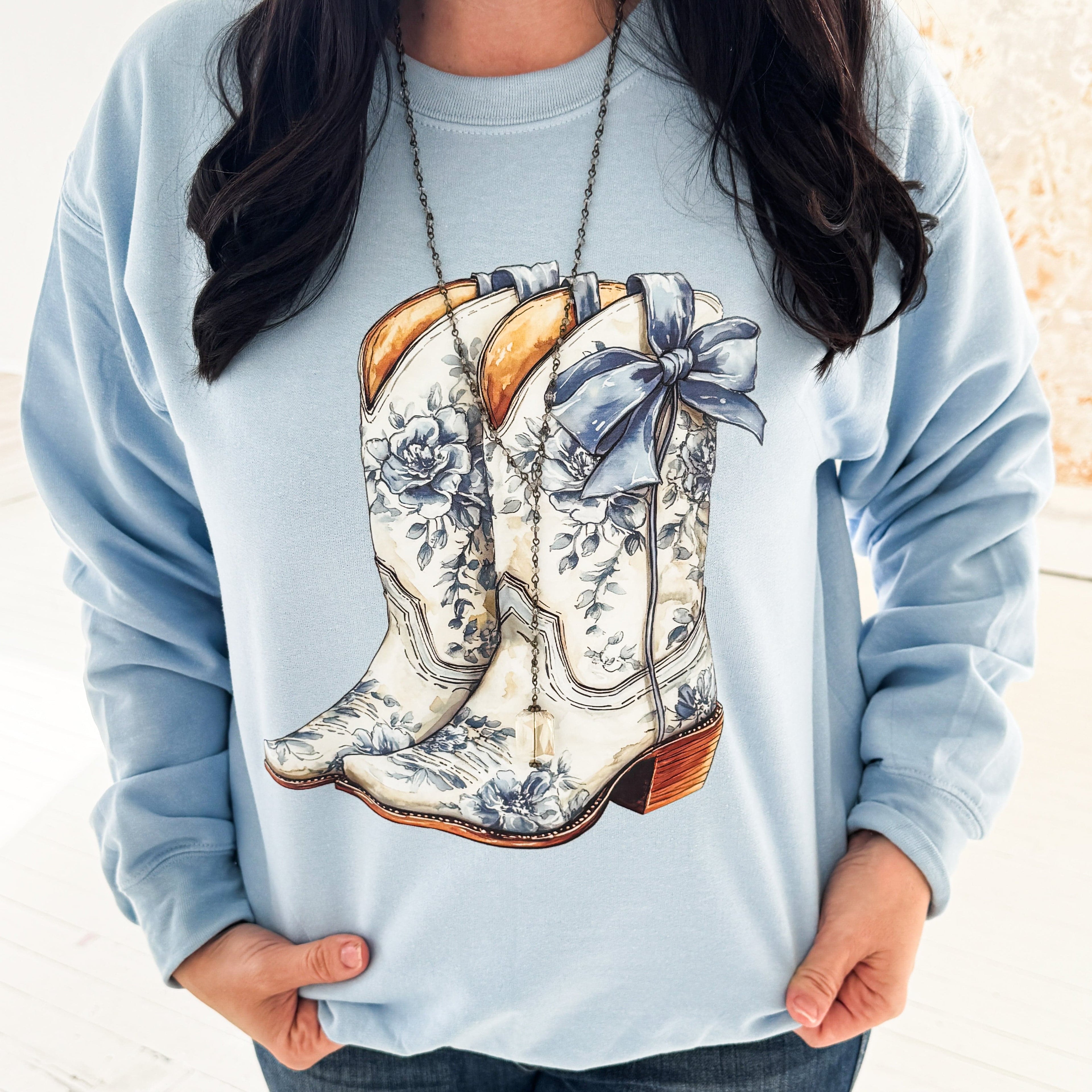 Women - Apparel - Shirts - T-Shirts Blue Floral Boots Sweatshirt