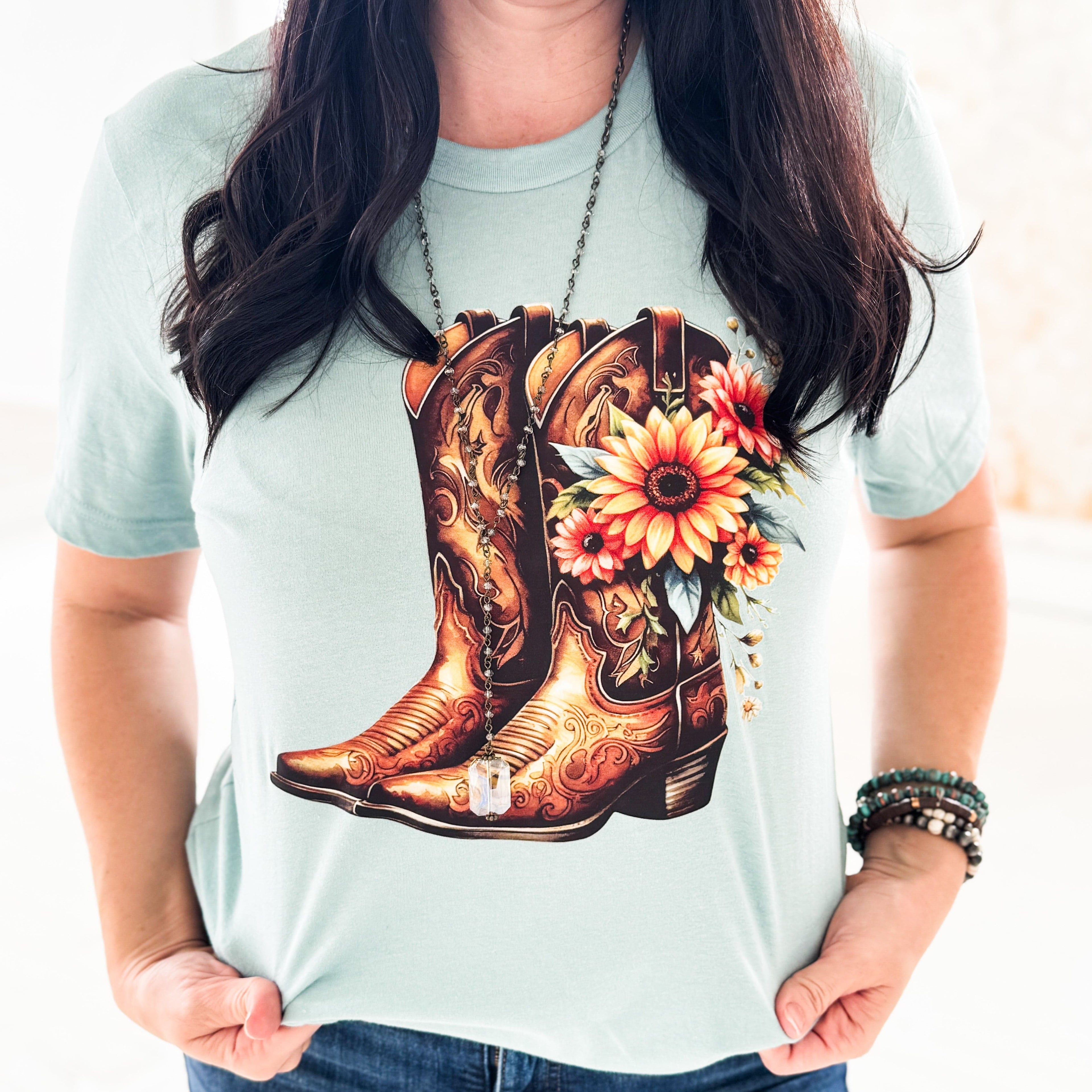 Women - Apparel - Shirts - T-Shirts Boots with Sunflowers Graphic Tee