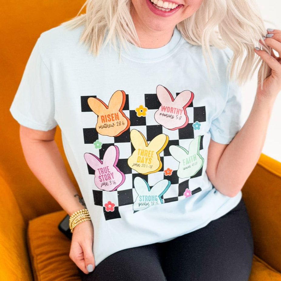 Women - Apparel - Shirts - T-Shirts Light Blue Checker Bunnies Graphic Tee