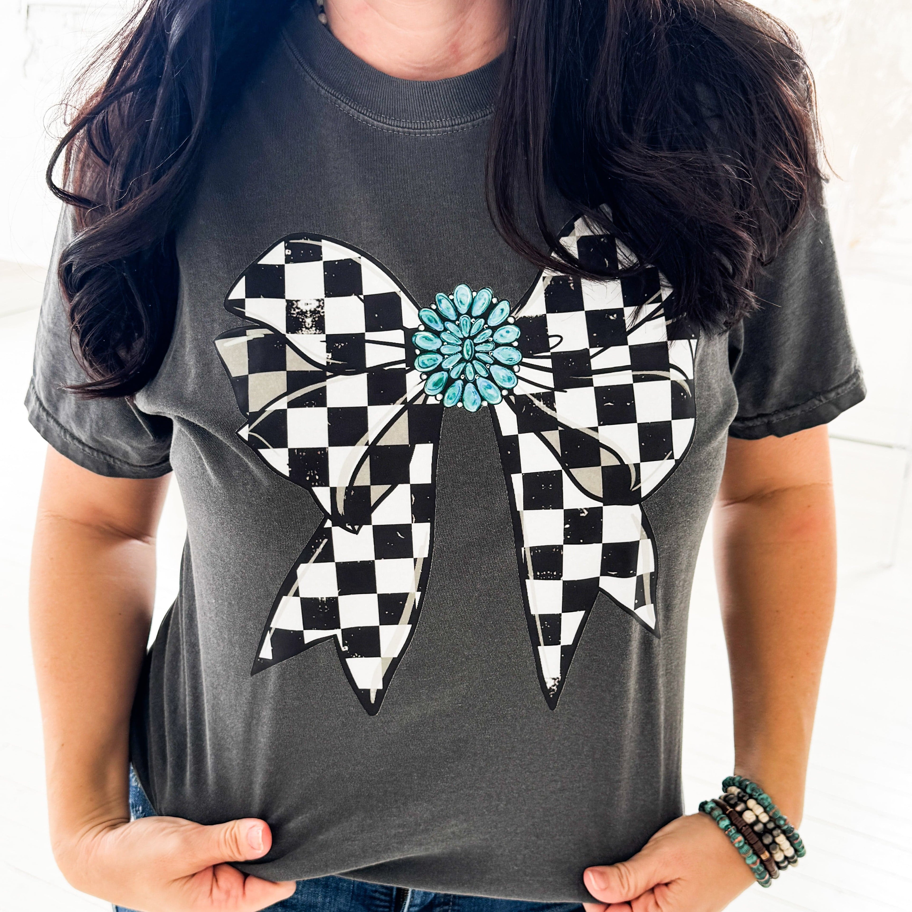 Women - Apparel - Shirts - T-Shirts Checkered Bow with Turquoise Gem Graphic Tee