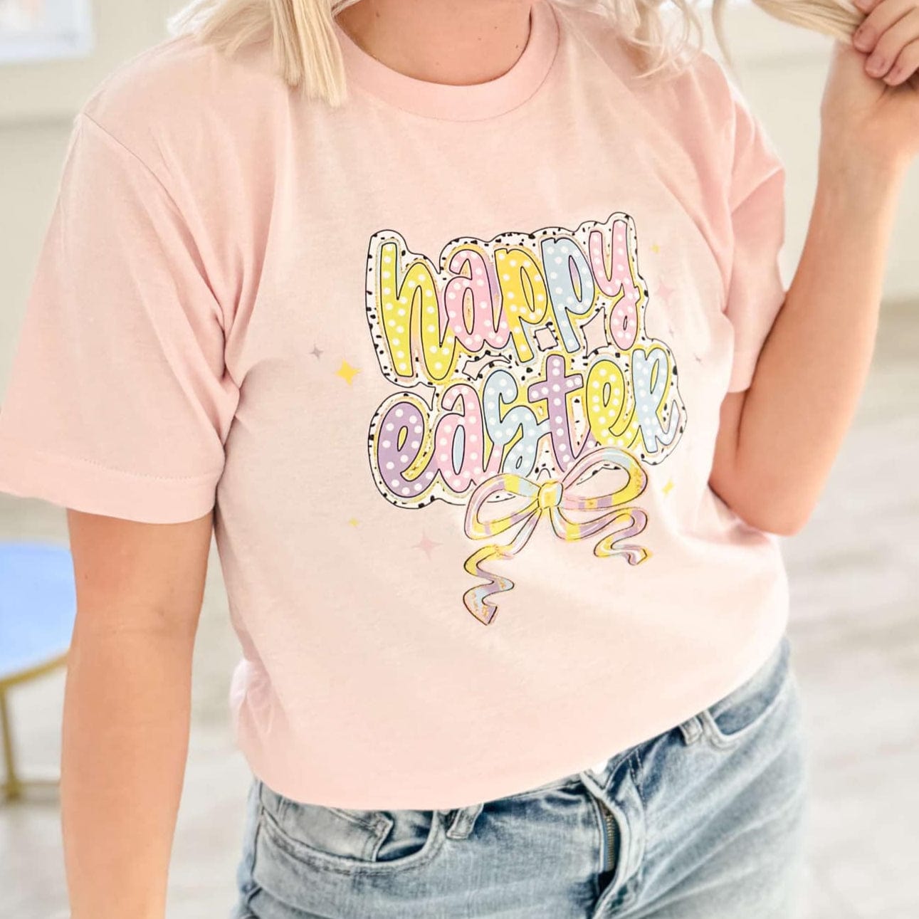 Women - Apparel - Shirts - T-Shirts Happy Easter Dots & Bow Graphic Tee