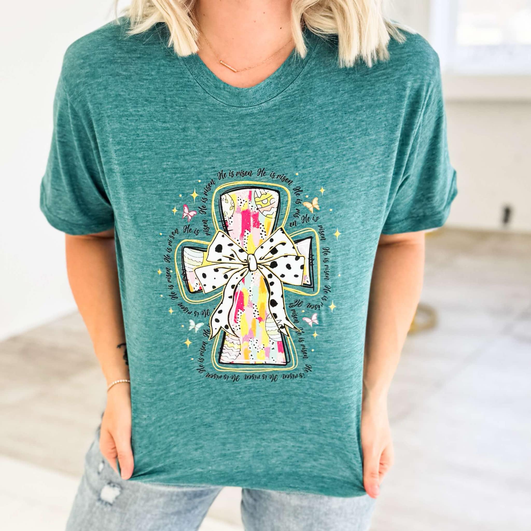 Women - Apparel - Shirts - T-Shirts He Is Risen Cross Easter Egg Graphic Tee