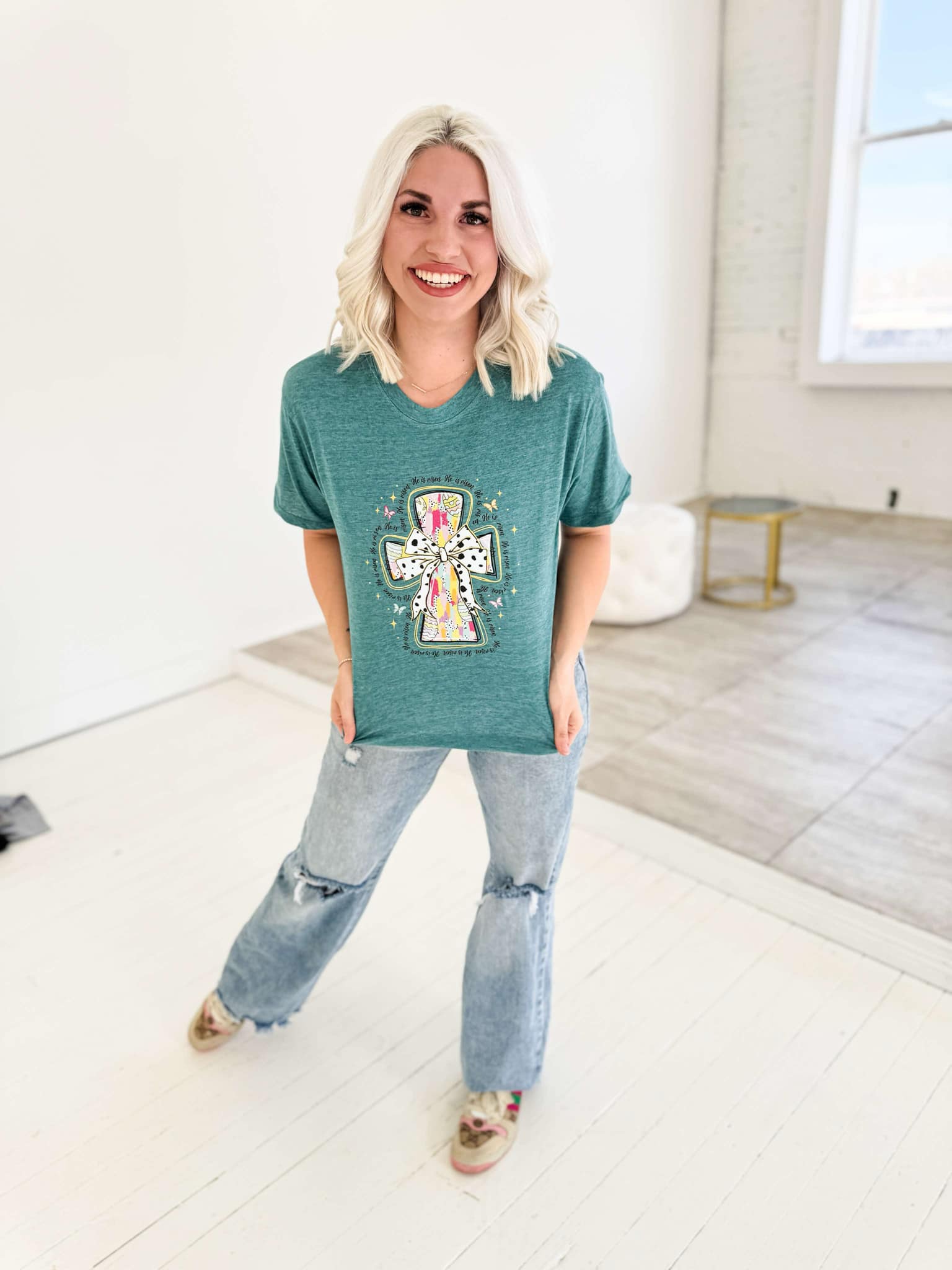 Women - Apparel - Shirts - T-Shirts He Is Risen Cross Easter Egg Graphic Tee