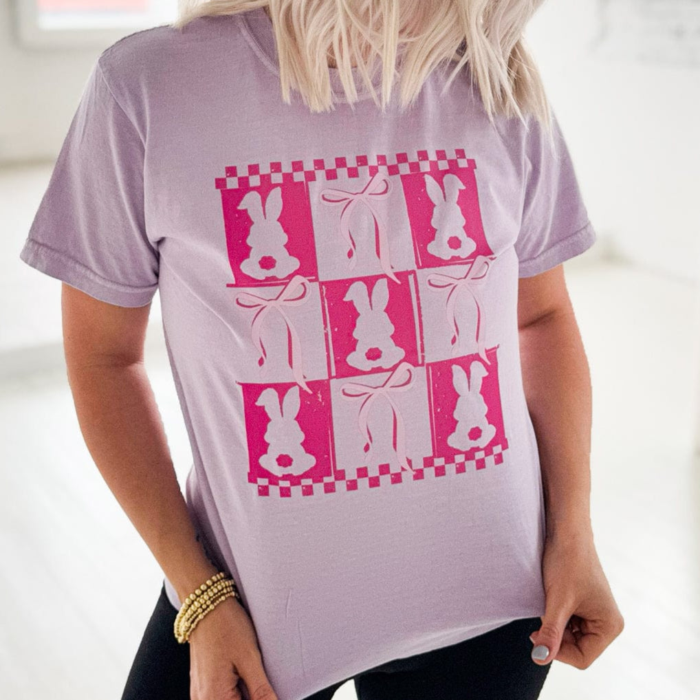 Women - Apparel - Shirts - T-Shirts Pink Checker Rabbit & Bows Graphic Tee
