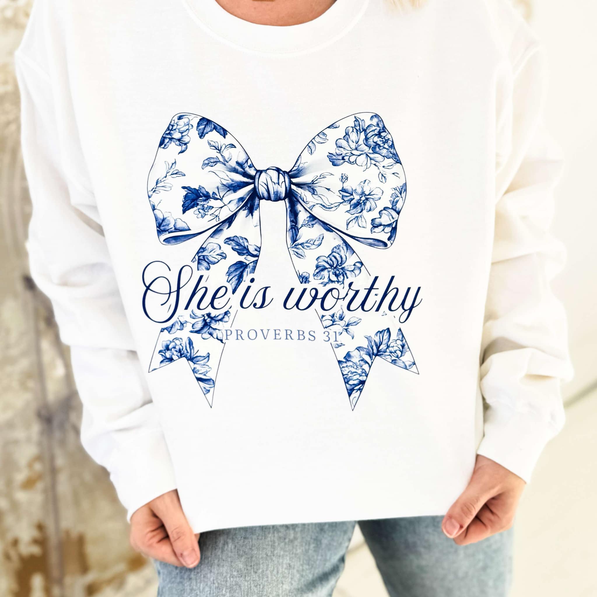 Women - Apparel - Shirts - T-Shirts She Is Worthy Blue Bow Graphic Sweatshirt