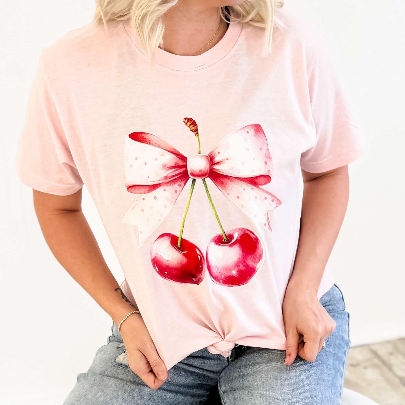 Women - Apparel - Shirts - T-Shirts Watercolor Cherries Bow Graphic Tee
