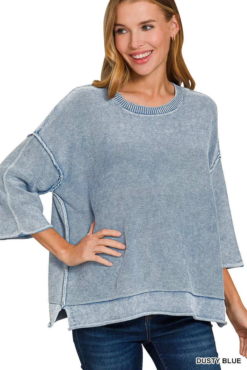 Zenana Washed 3/4 Sleeve Boxy Sweater
