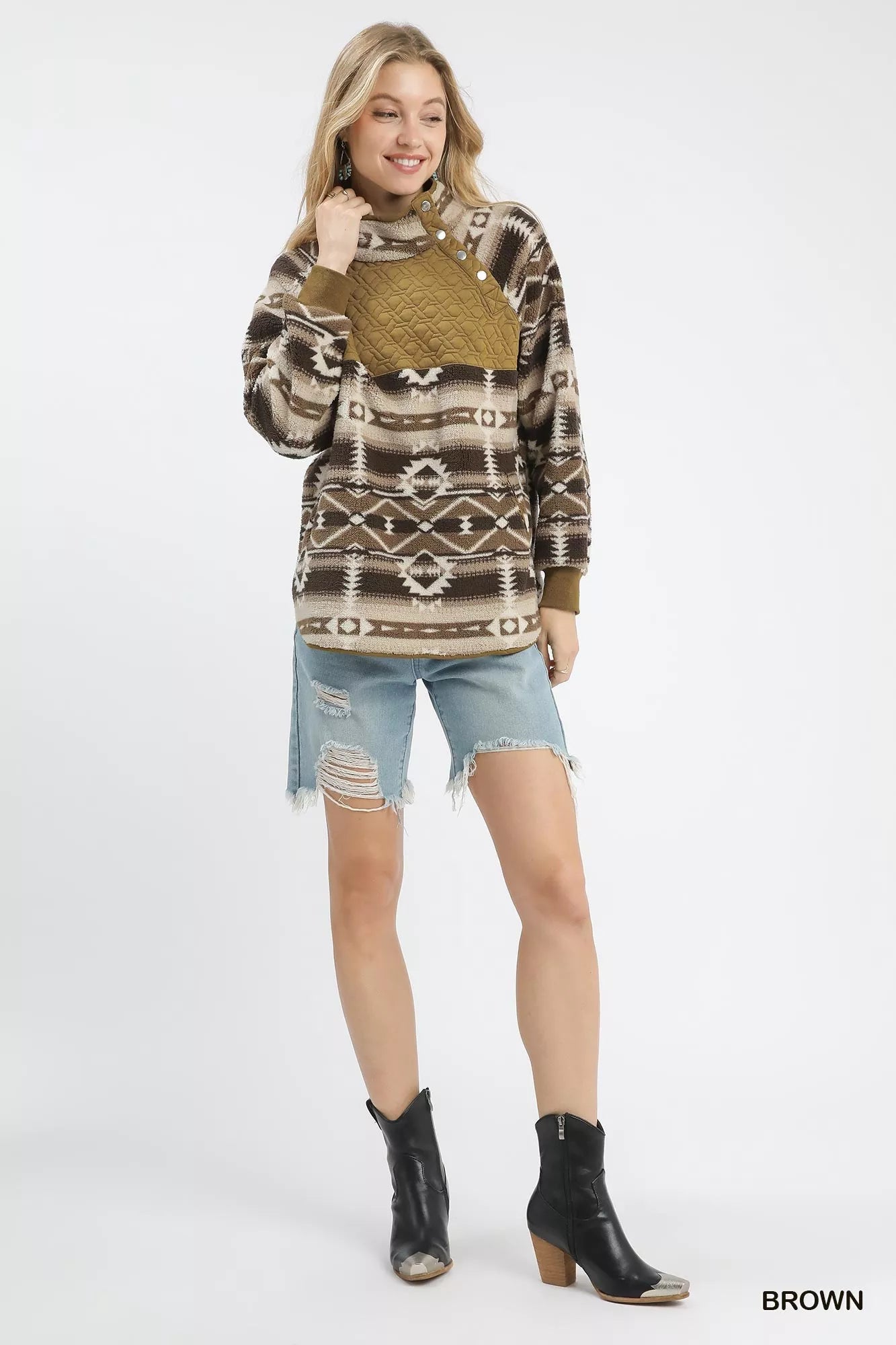 Umgee Aztec Print Sherpa Pullover