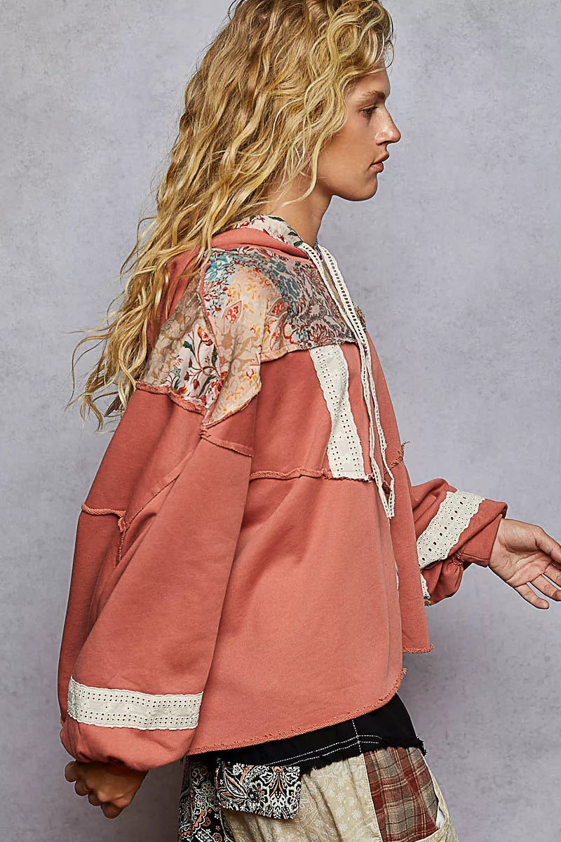 POL Drawstring French Terry Hoodie with Gauze Print Patch