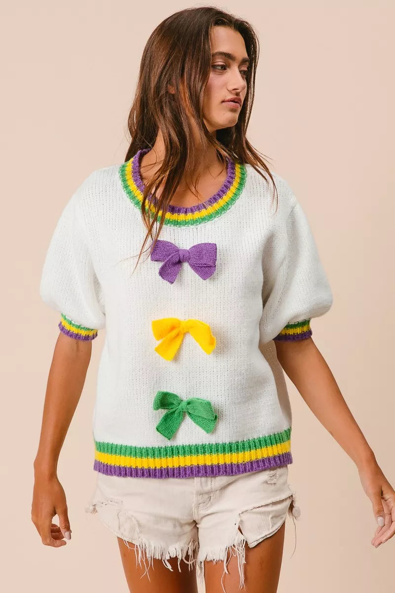 BiBi Short Puff Sleeve Ribbon Bow Mardi Gras Sweater