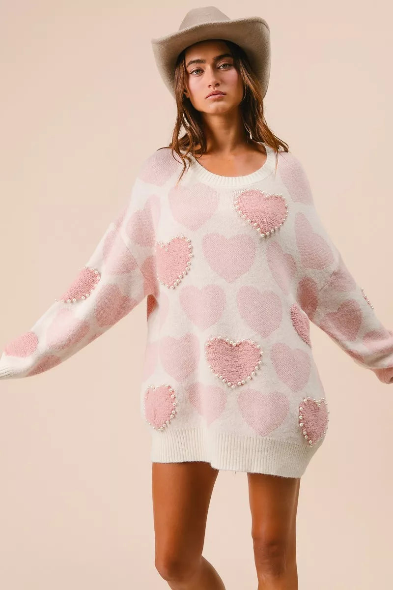 BiBi Heart Pattern Sweater with Pearl Detail