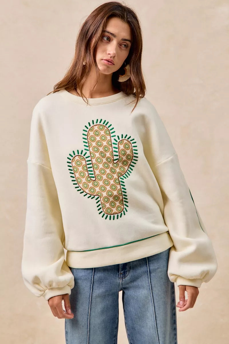 BiBi Cactus Embroidered Fleece Sweatshirt