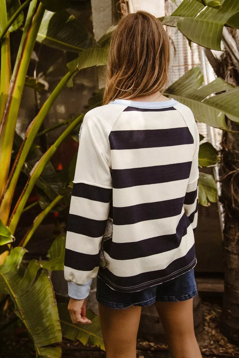 BiBi Patchwork Striped Round Neck Sweatshirt