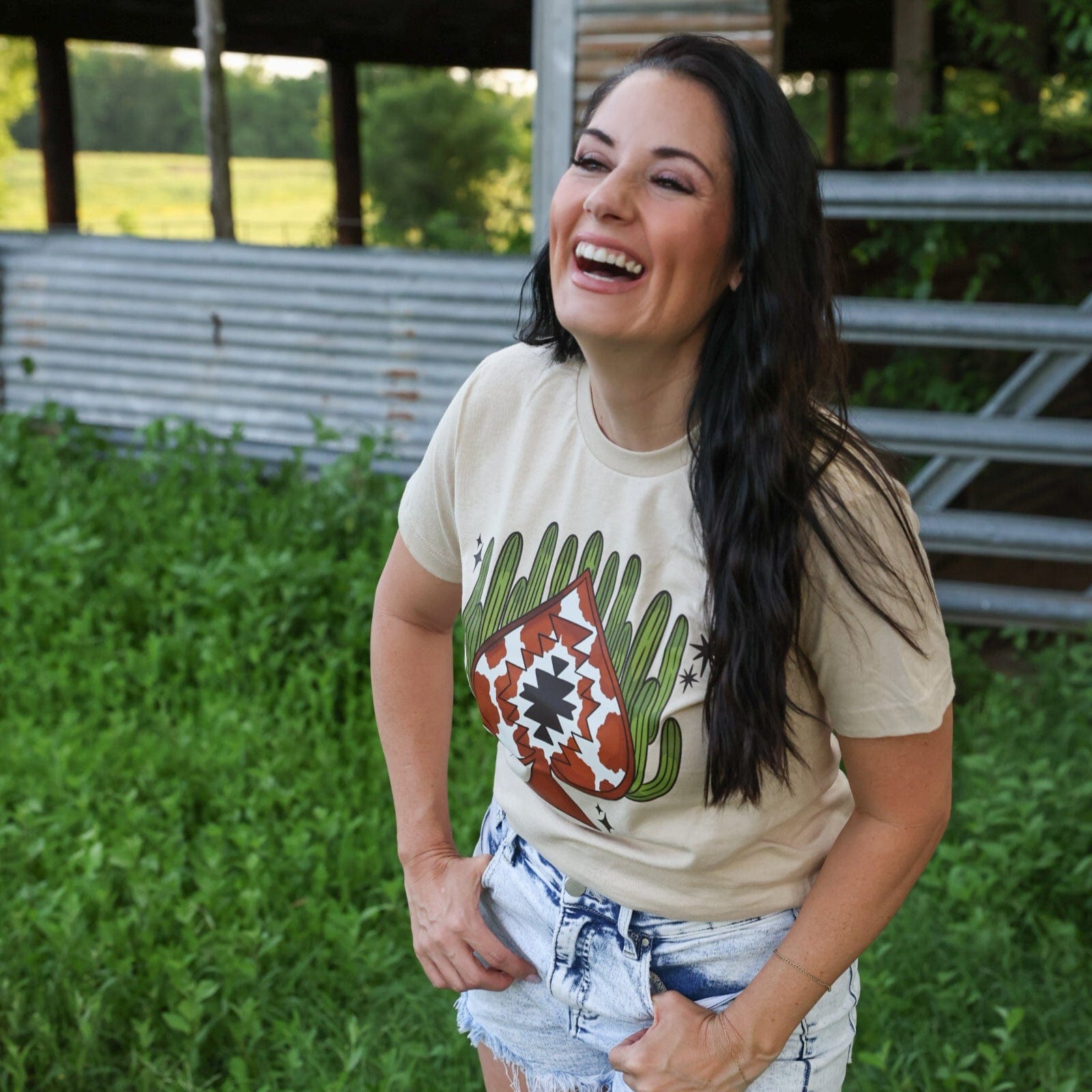 FestiviTees Women - Apparel - Shirts - T-Shirts Aztec Cowprint Spade Cactus Soft Graphic Tee