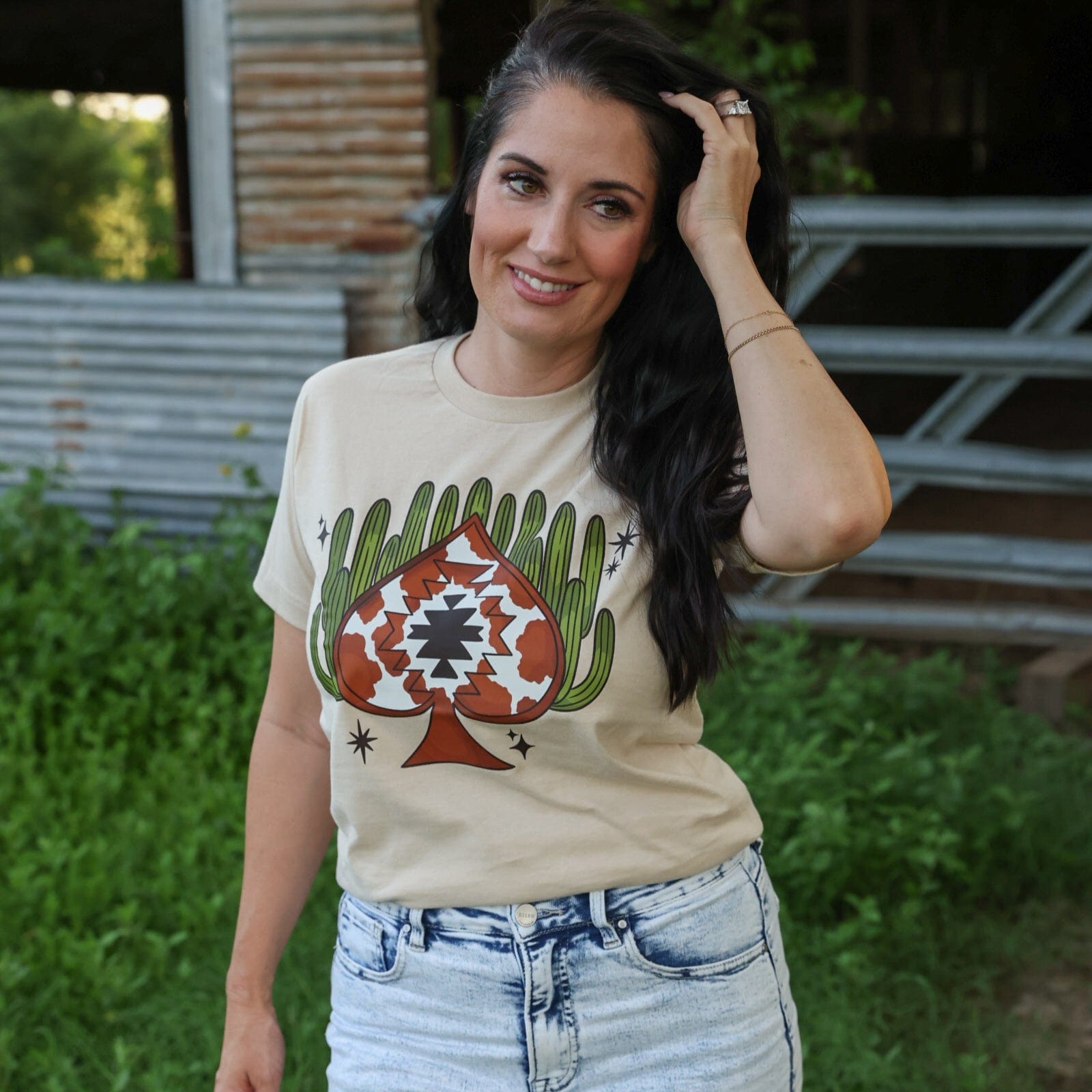 Women - Apparel - Shirts - T-Shirts Aztec Cowprint Spade Cactus Soft Graphic Tee