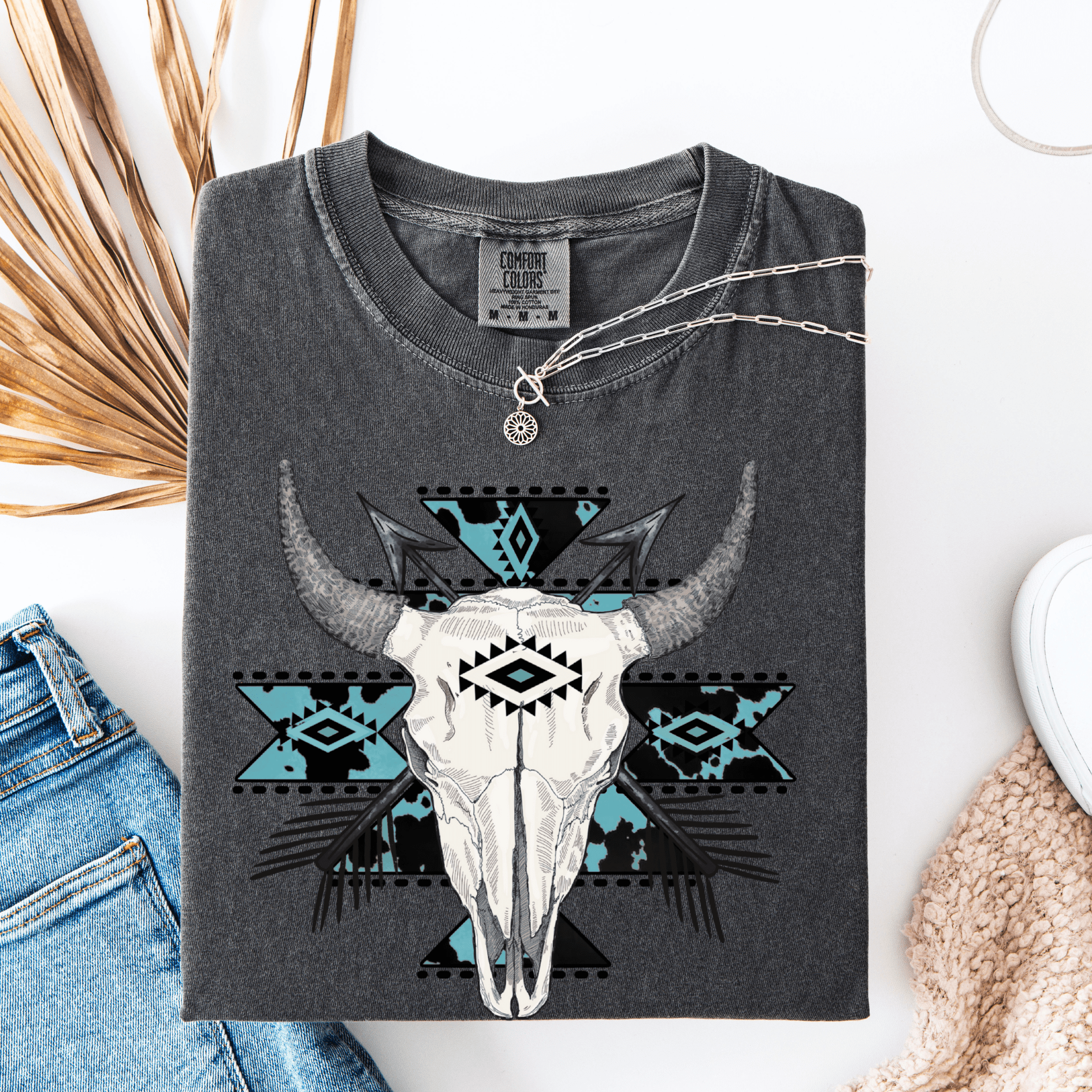 Women - Apparel - Shirts - T-Shirts Blue Aztec Bull Skull Graphic Tee