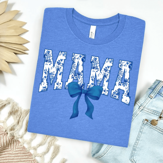 Women - Apparel - Shirts - T-Shirts Blue Floral Mama with Bow Graphic Tee