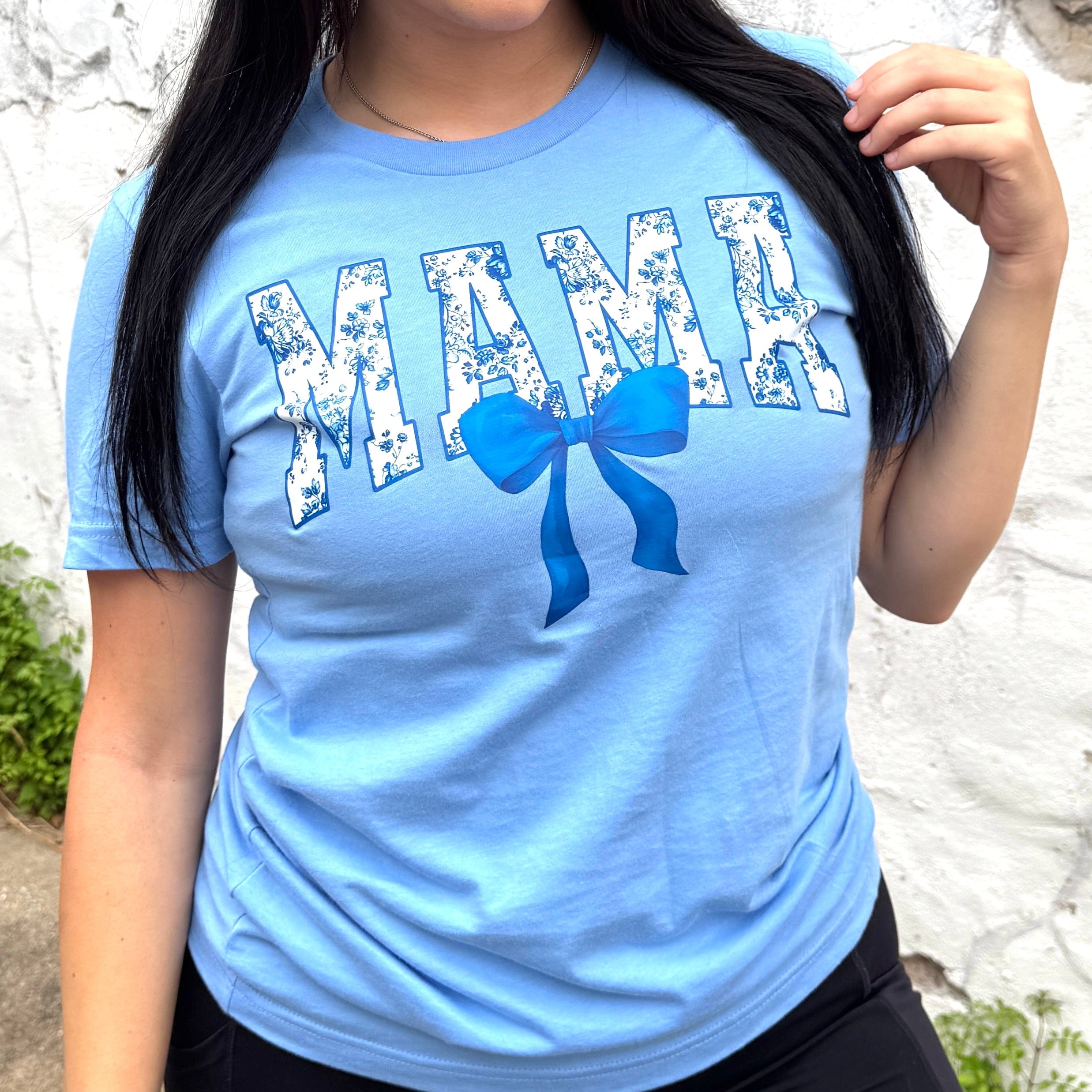 Women - Apparel - Shirts - T-Shirts Blue Floral Mama with Bow Graphic Tee