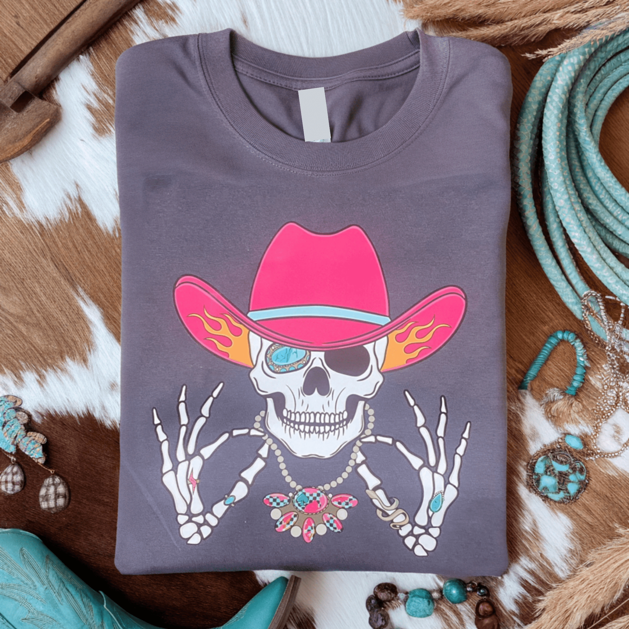 Women - Apparel - Shirts - T-Shirts Boujee Skeleton Cowboy Graphic Tee