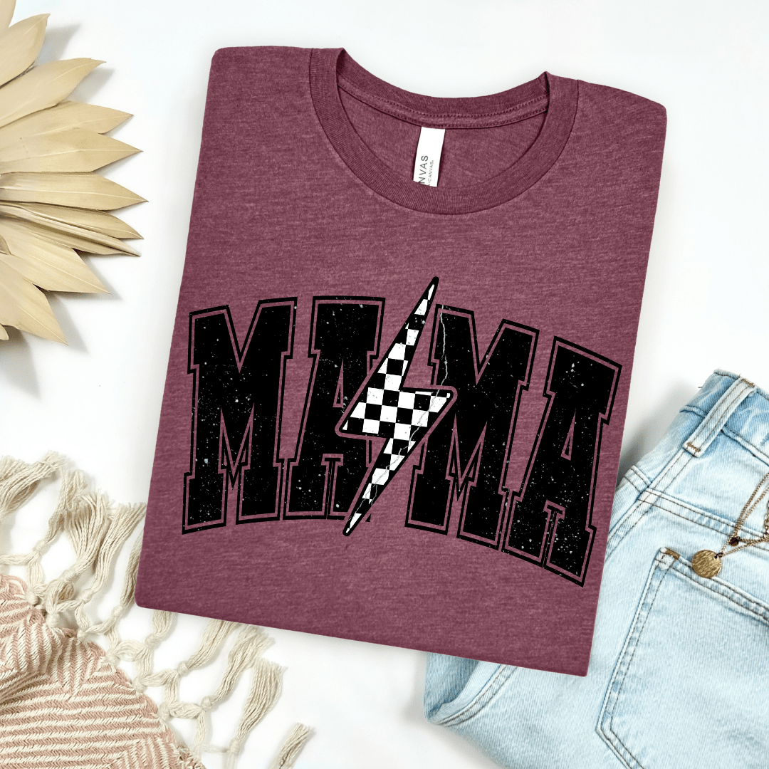 Women - Apparel - Shirts - T-Shirts Checkered Lightning Bolt Mama Graphic Tee