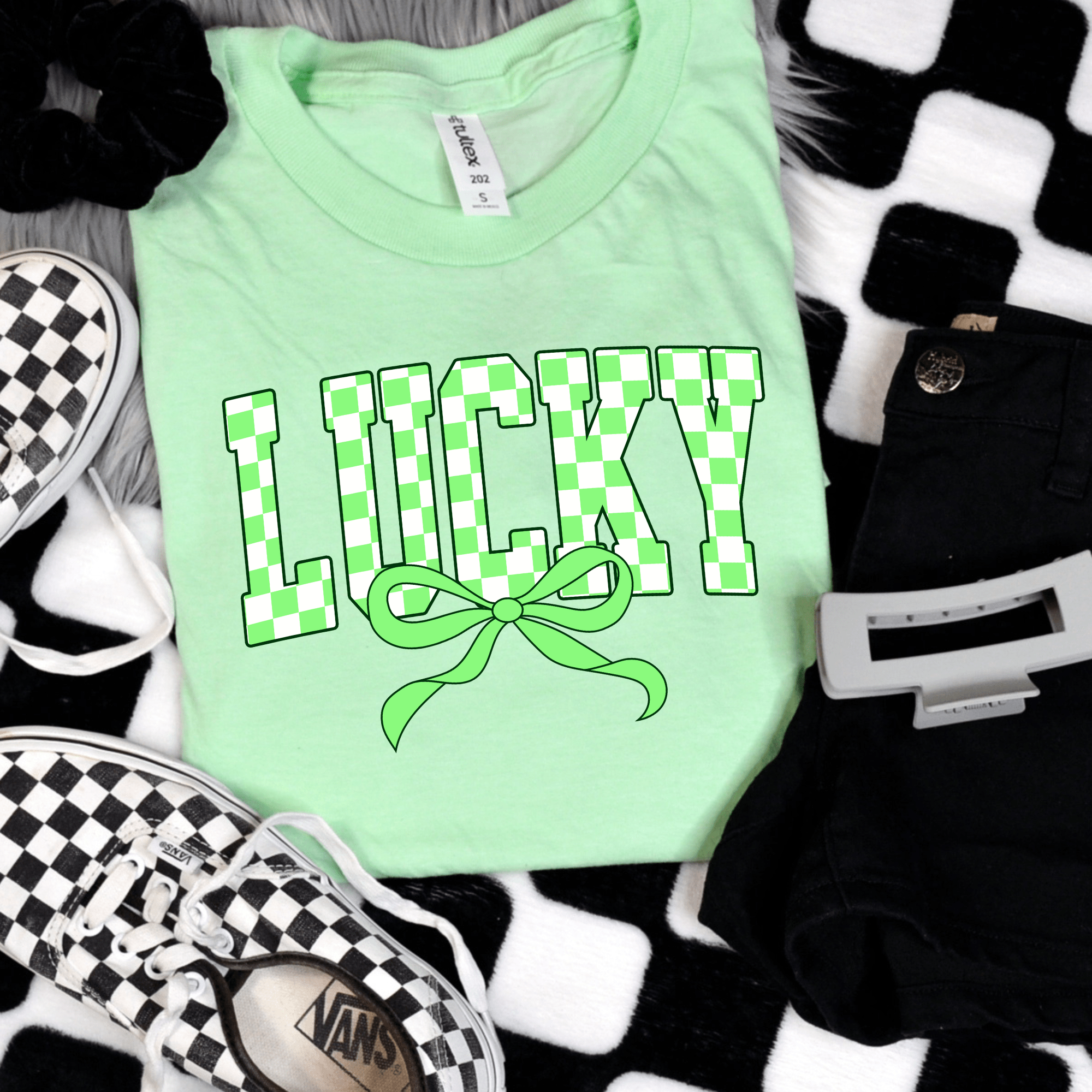 Women - Apparel - Shirts - T-Shirts Checkered Lucky Bow Graphic Tee