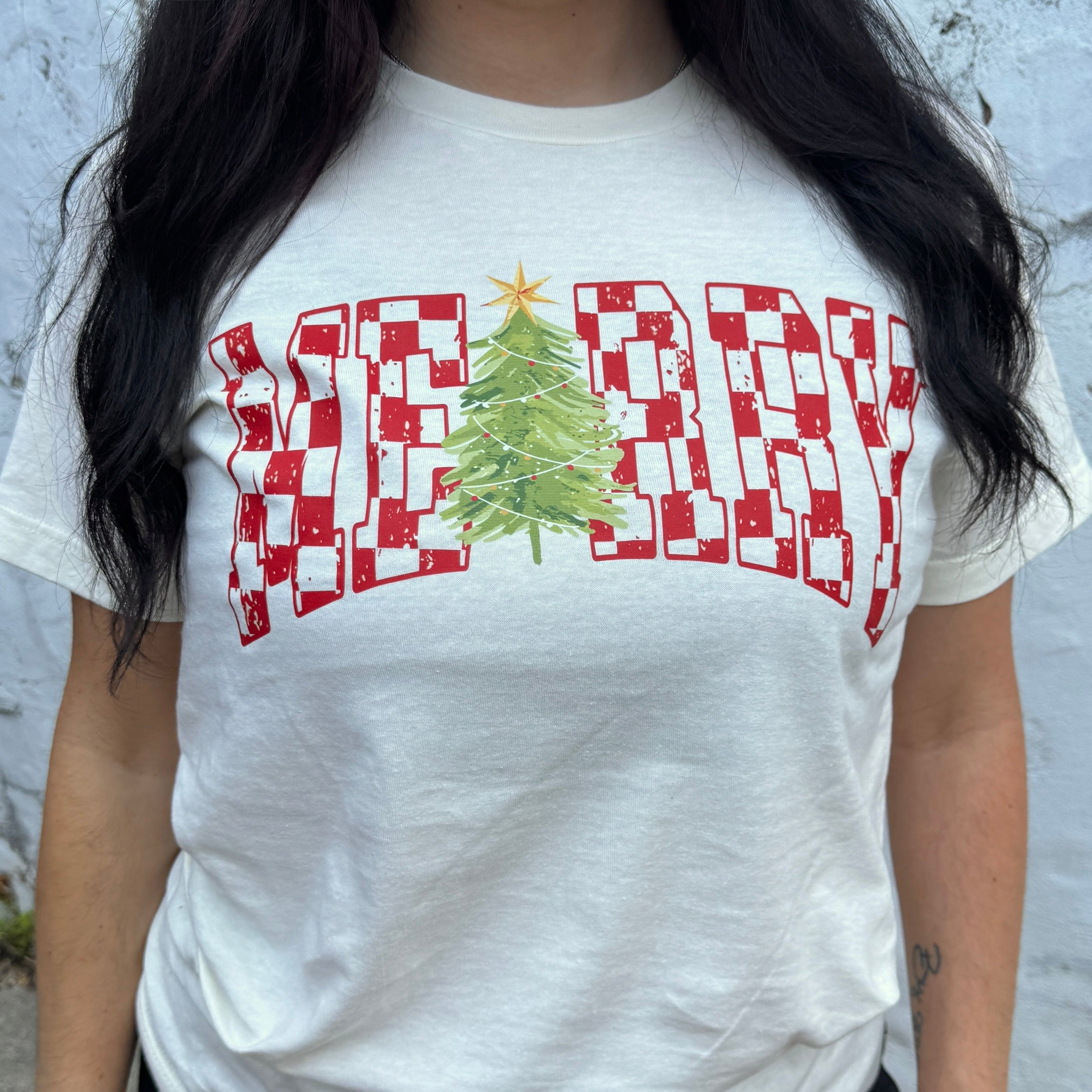 Women - Apparel - Shirts - T-Shirts Checkered Merry Tree Graphic Tee
