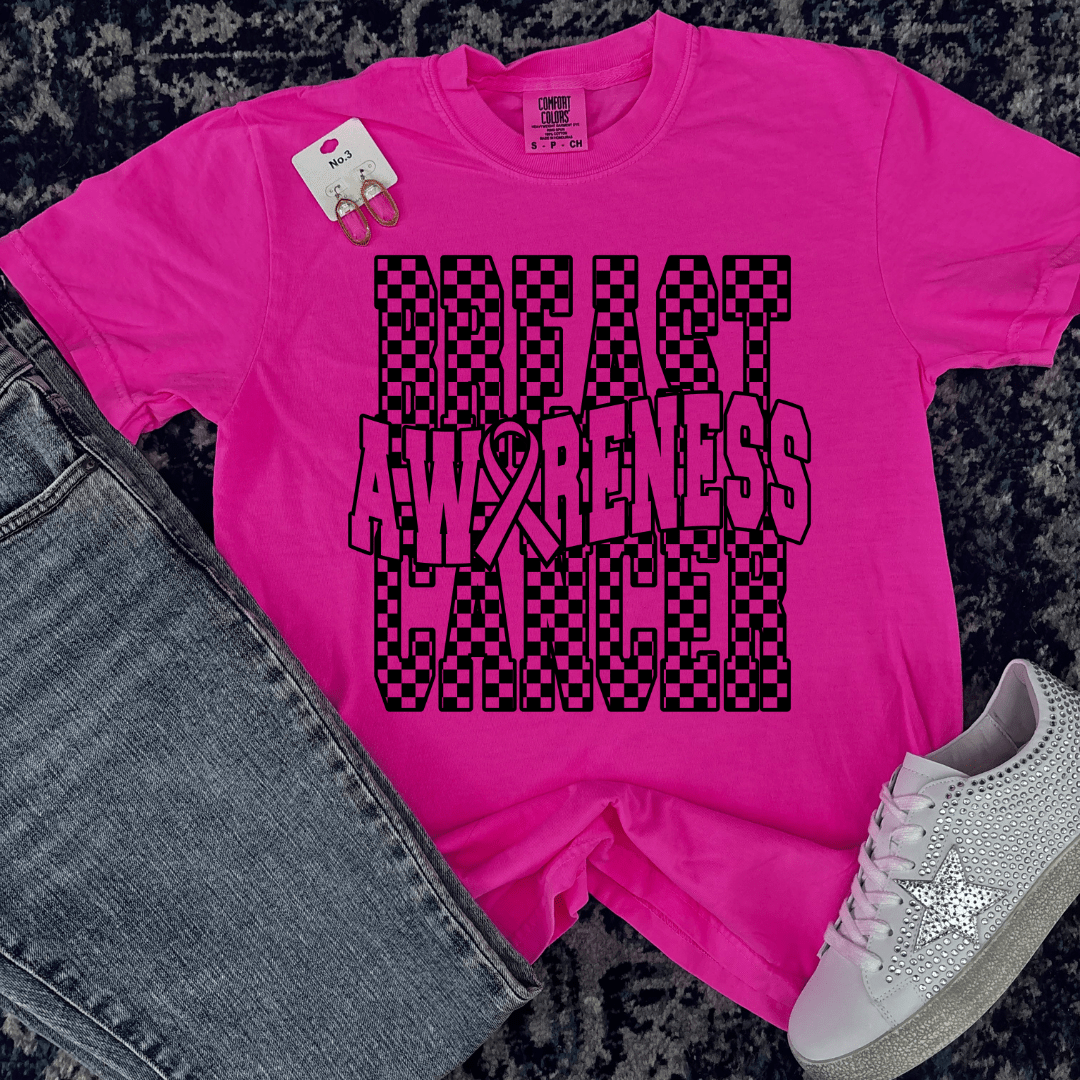 Women - Apparel - Shirts - T-Shirts Checkered Neon Breast Cancer Awareness Graphic Tee