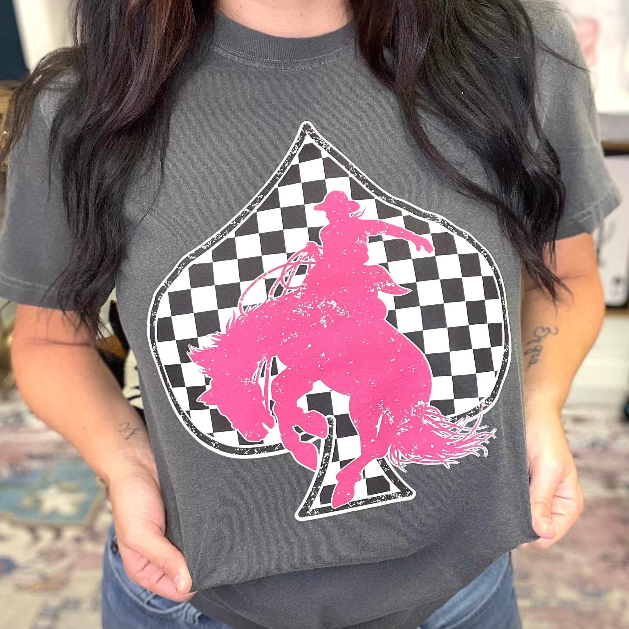 Women - Apparel - Shirts - T-Shirts Checkered Spade Pink Bronc Graphic Tee
