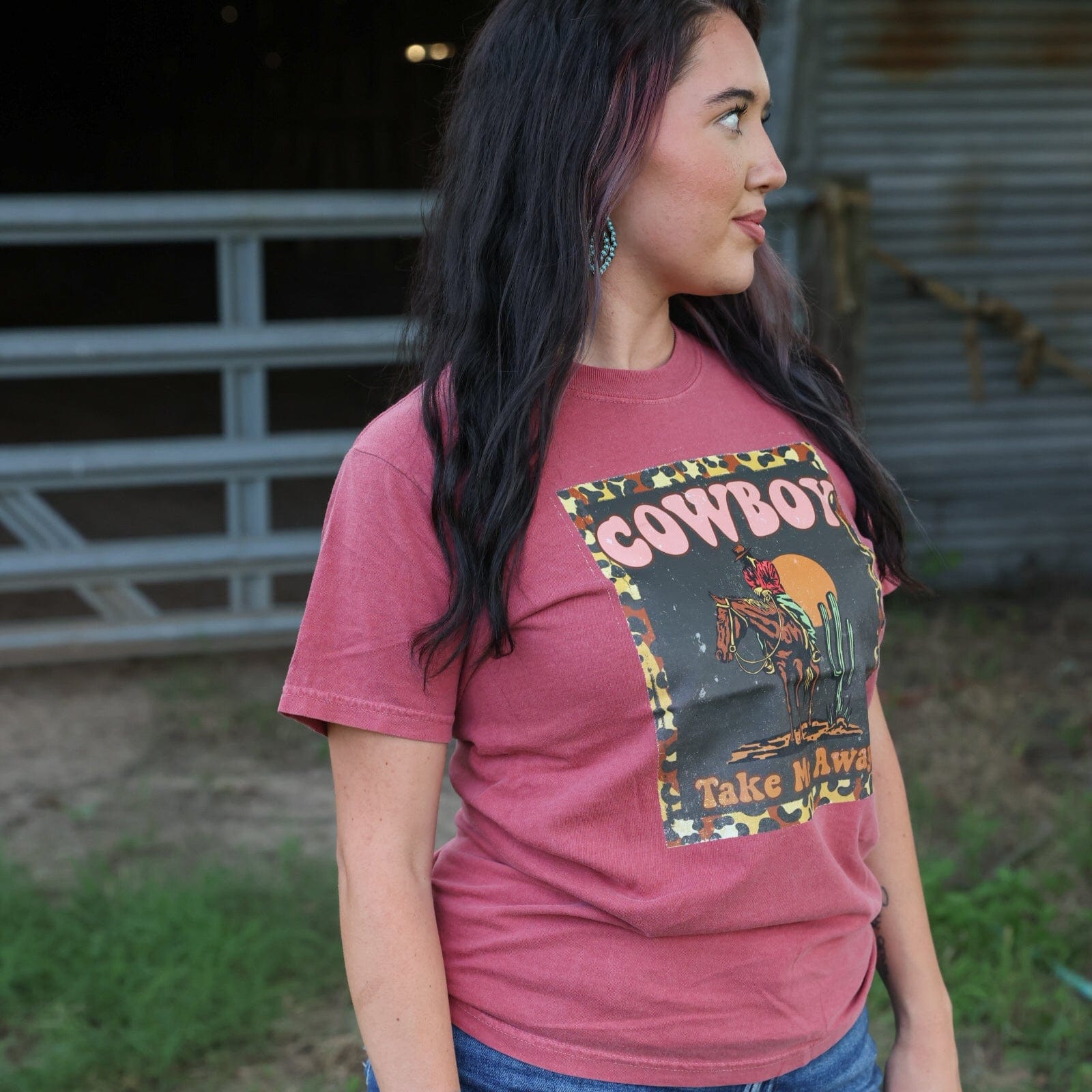 Women - Apparel - Shirts - T-Shirts Cowboy Take Me Away Leopard Border Soft Graphic Tee