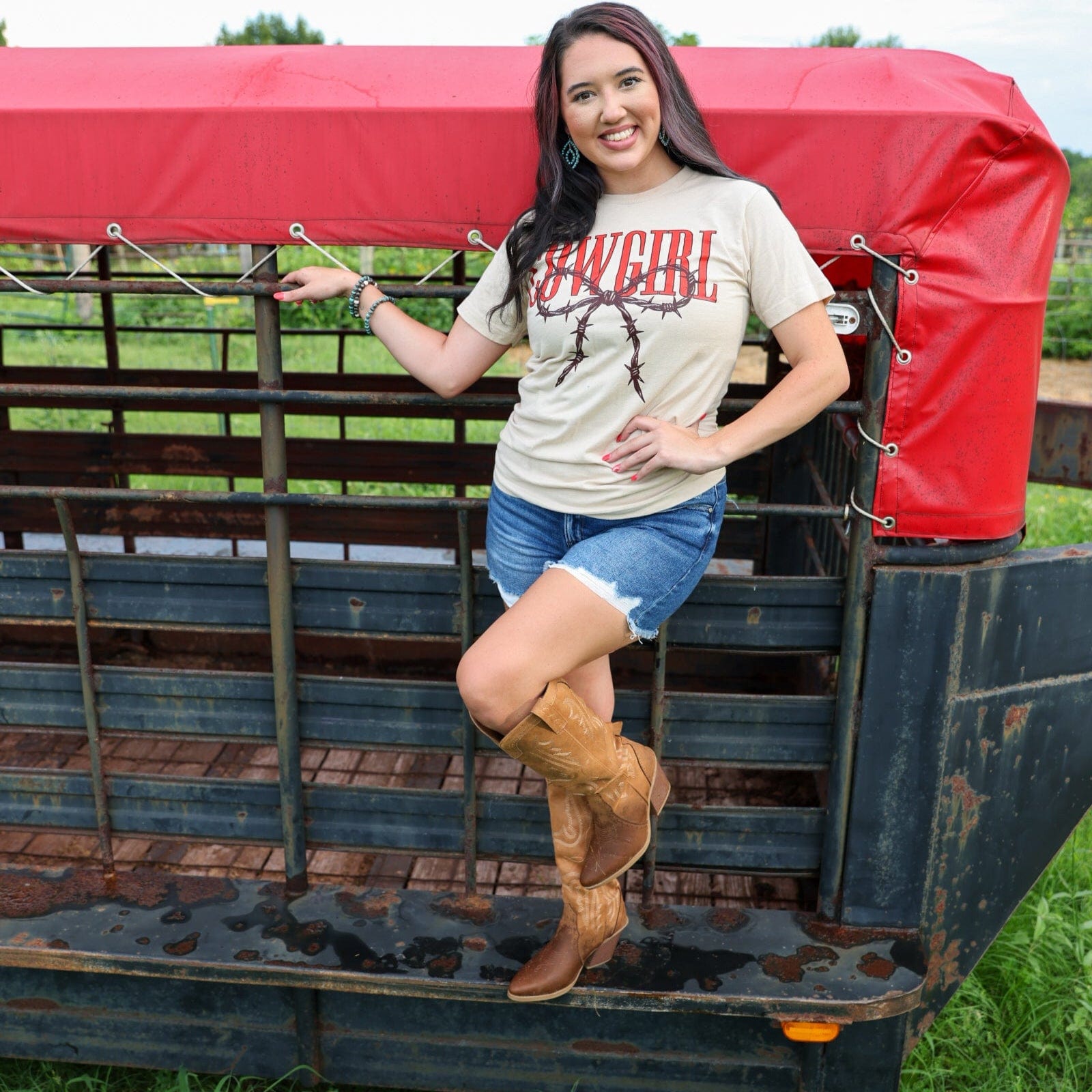 Women - Apparel - Shirts - T-Shirts Cowgirl Barbed Wire Bow Western Tee Soft Graphic Tee