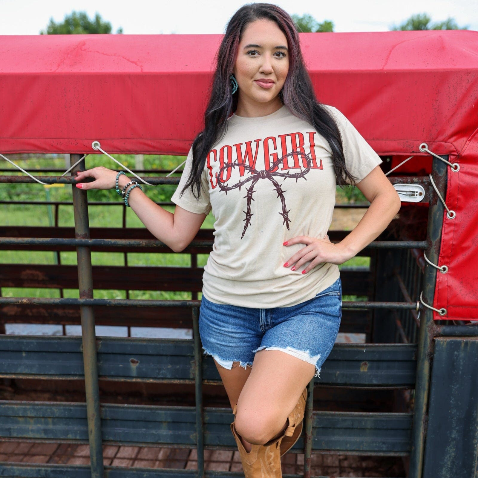 Women - Apparel - Shirts - T-Shirts Cowgirl Barbed Wire Bow Western Tee Soft Graphic Tee