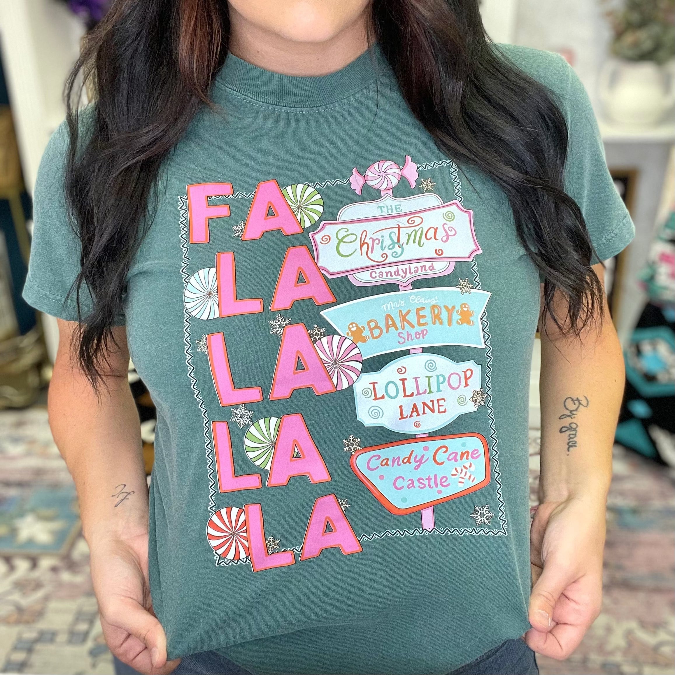 Women - Apparel - Shirts - T-Shirts Fa La La Candy Signs Graphic Tee