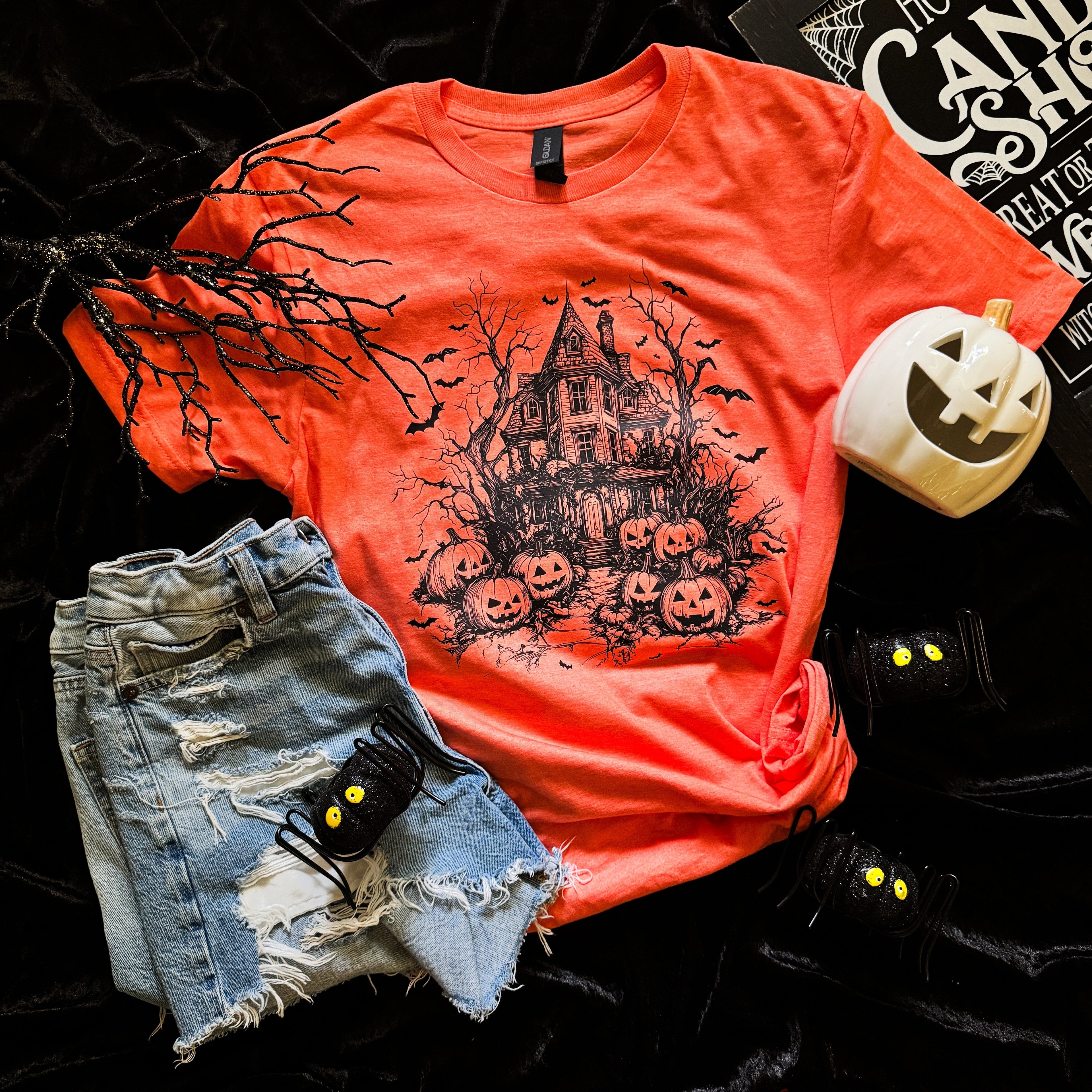 Women - Apparel - Shirts - T-Shirts Haunted House Bats Soft Graphic Tee