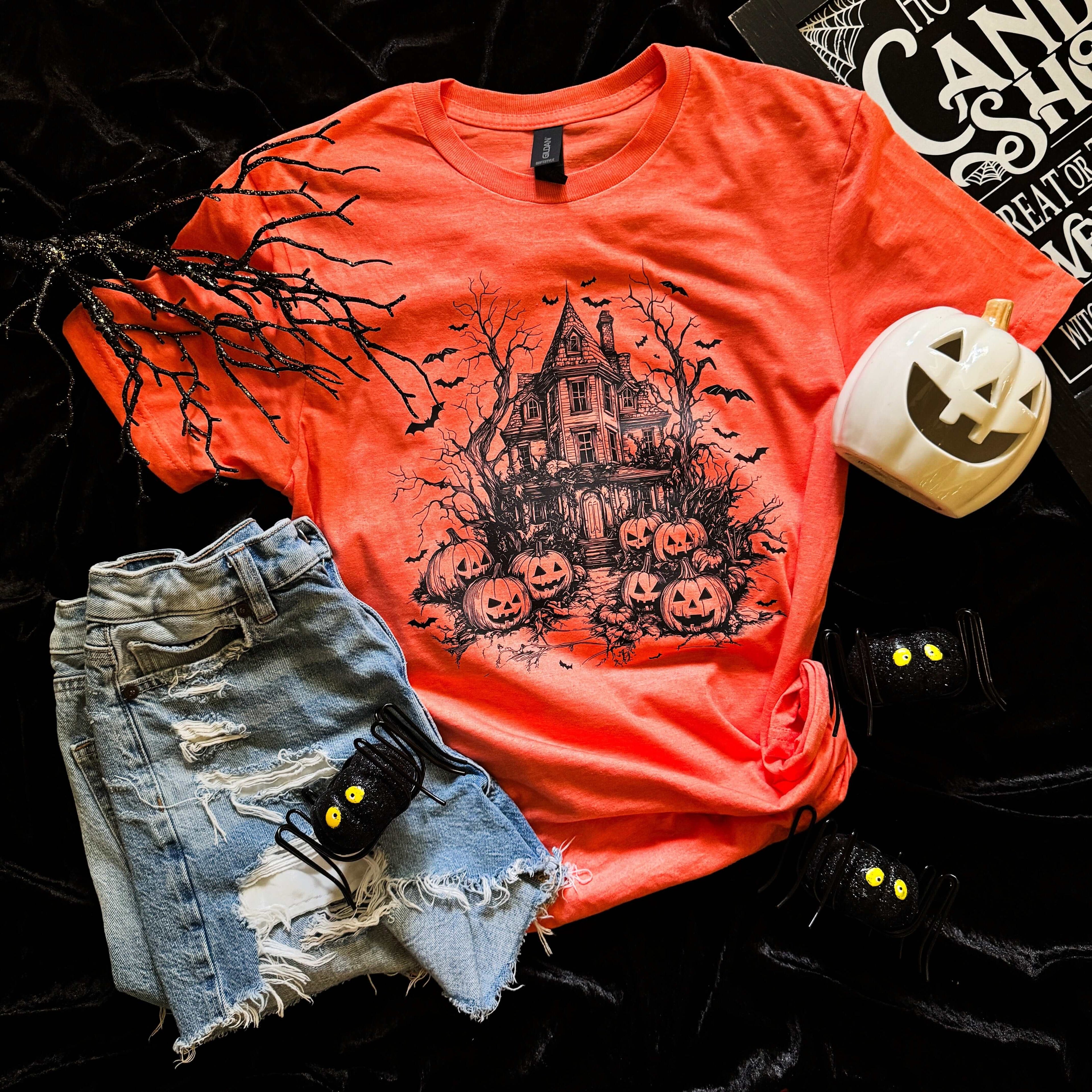Women - Apparel - Shirts - T-Shirts Haunted House Bats Soft Graphic Tee