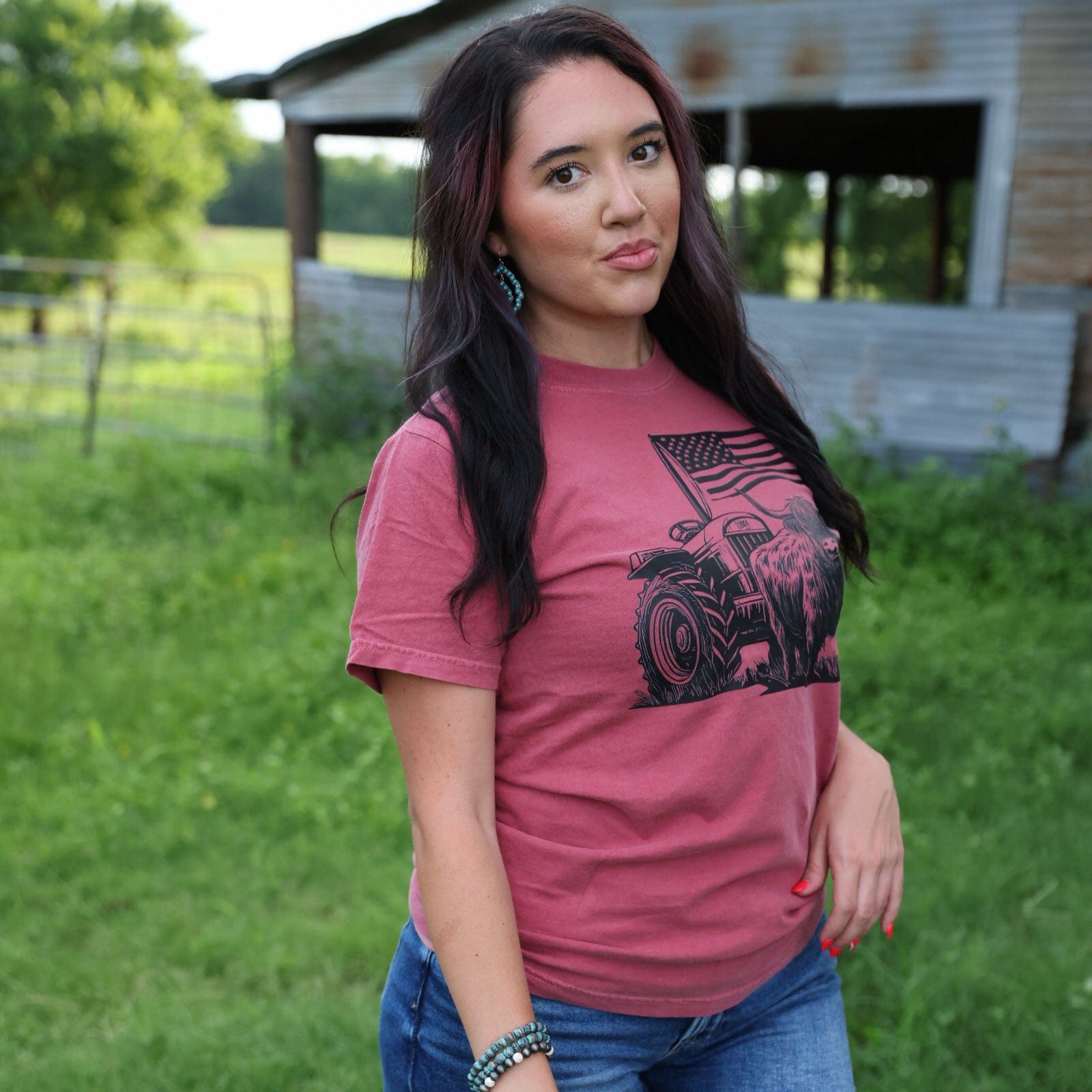 Women - Apparel - Shirts - T-Shirts Highland Cow Flag Tractor Soft Graphic Tee