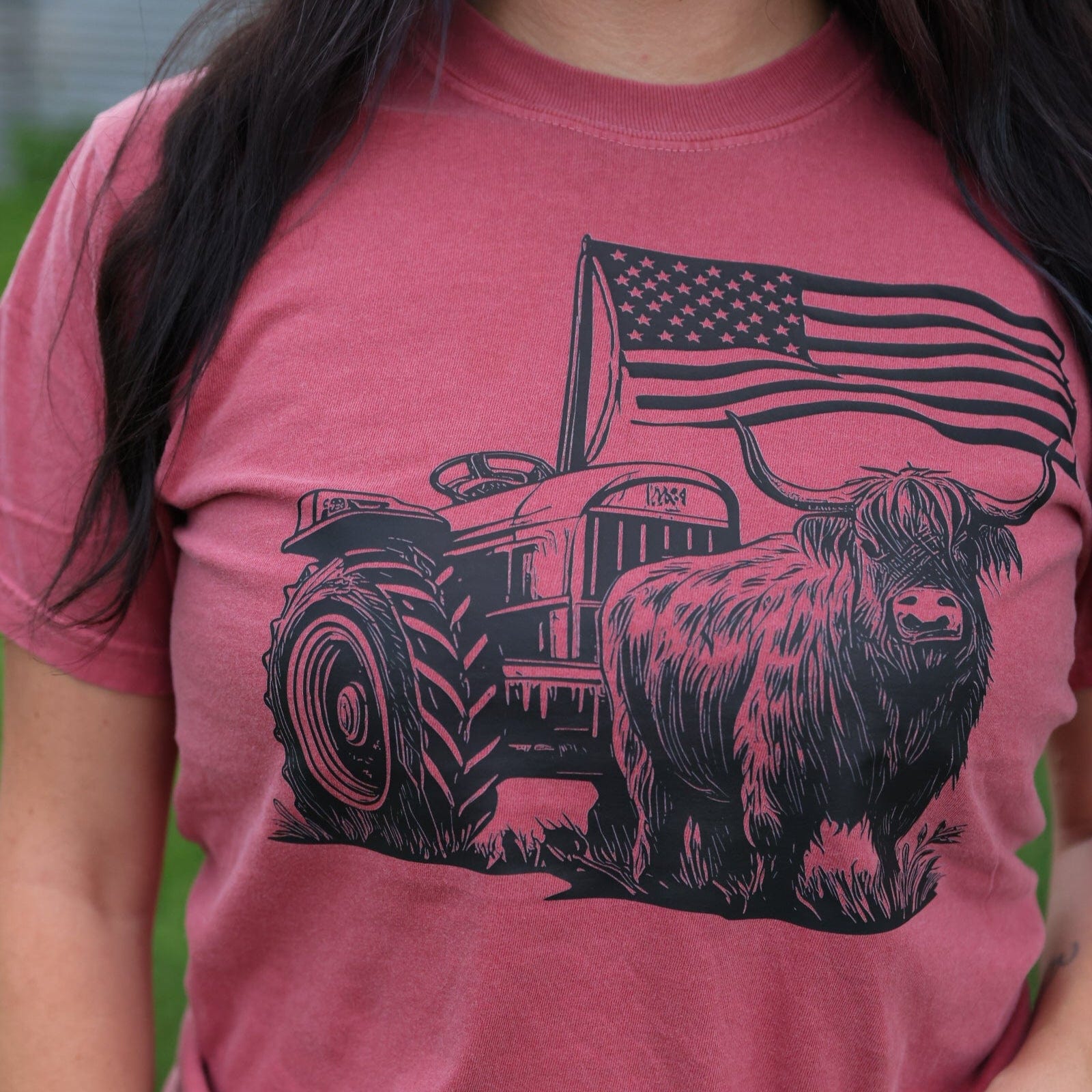 Women - Apparel - Shirts - T-Shirts Highland Cow Flag Tractor Soft Graphic Tee