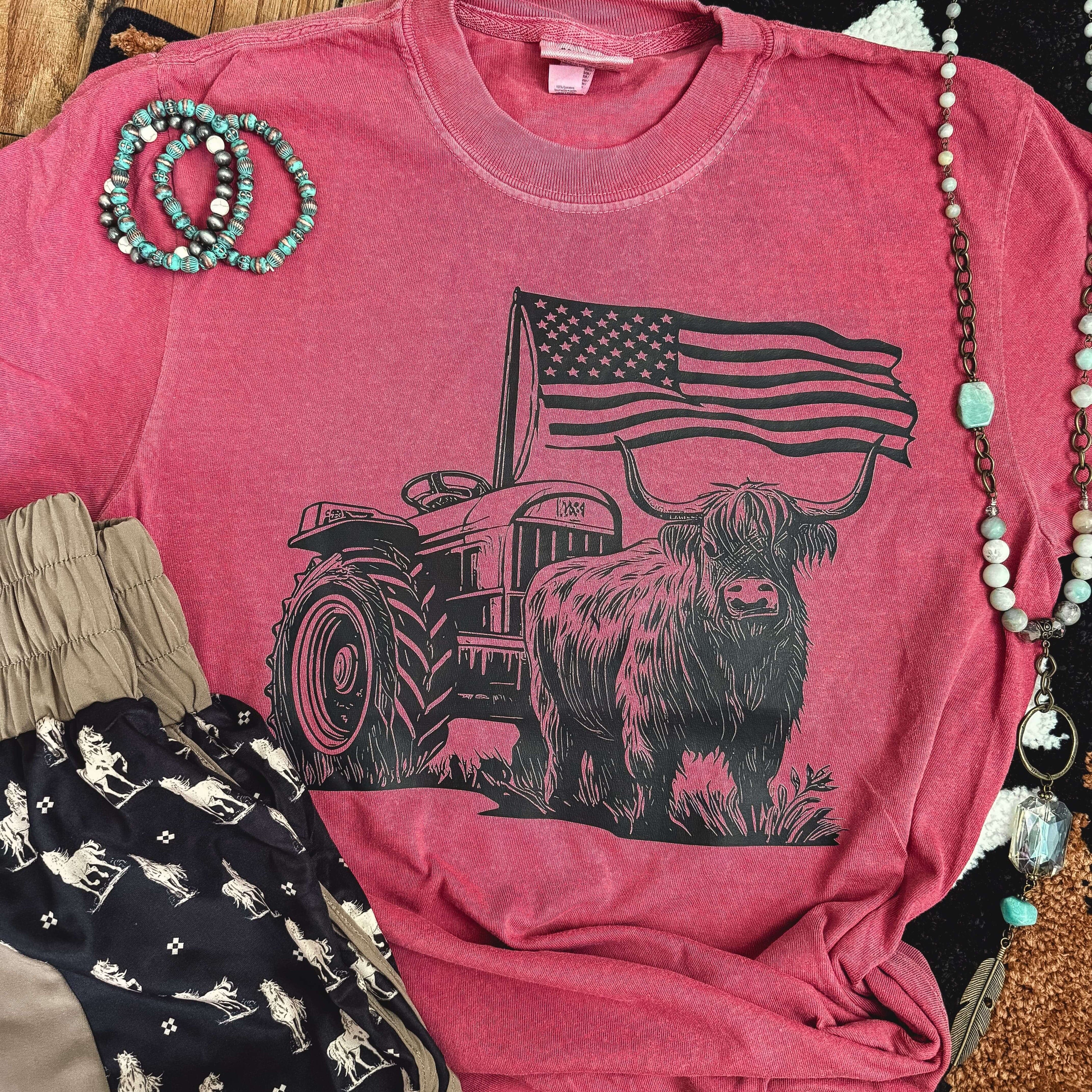 Women - Apparel - Shirts - T-Shirts Highland Cow Flag Tractor Soft Graphic Tee