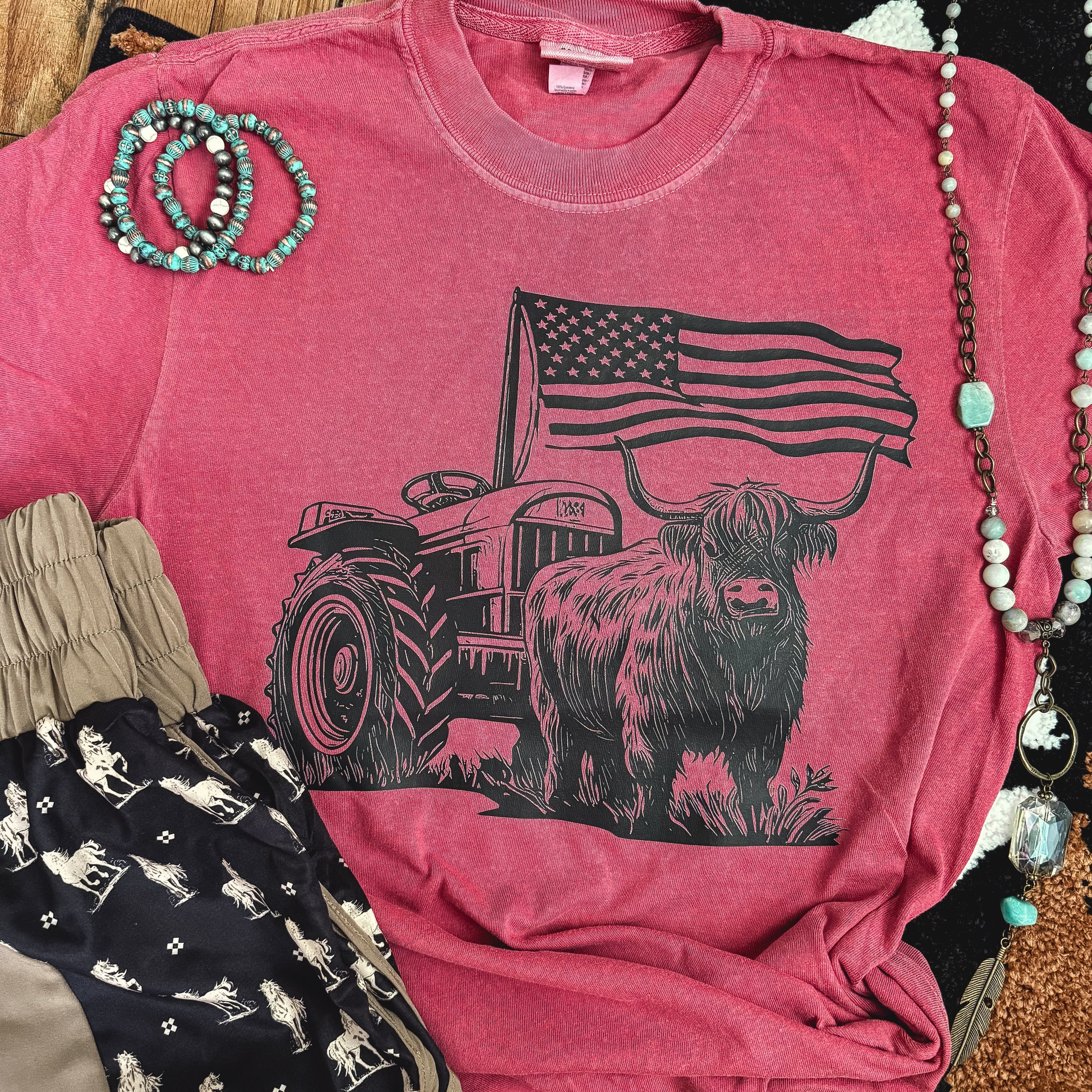 FestiviTees Women - Apparel - Shirts - T-Shirts Highland Cow Flag Tractor Soft Graphic Tee
