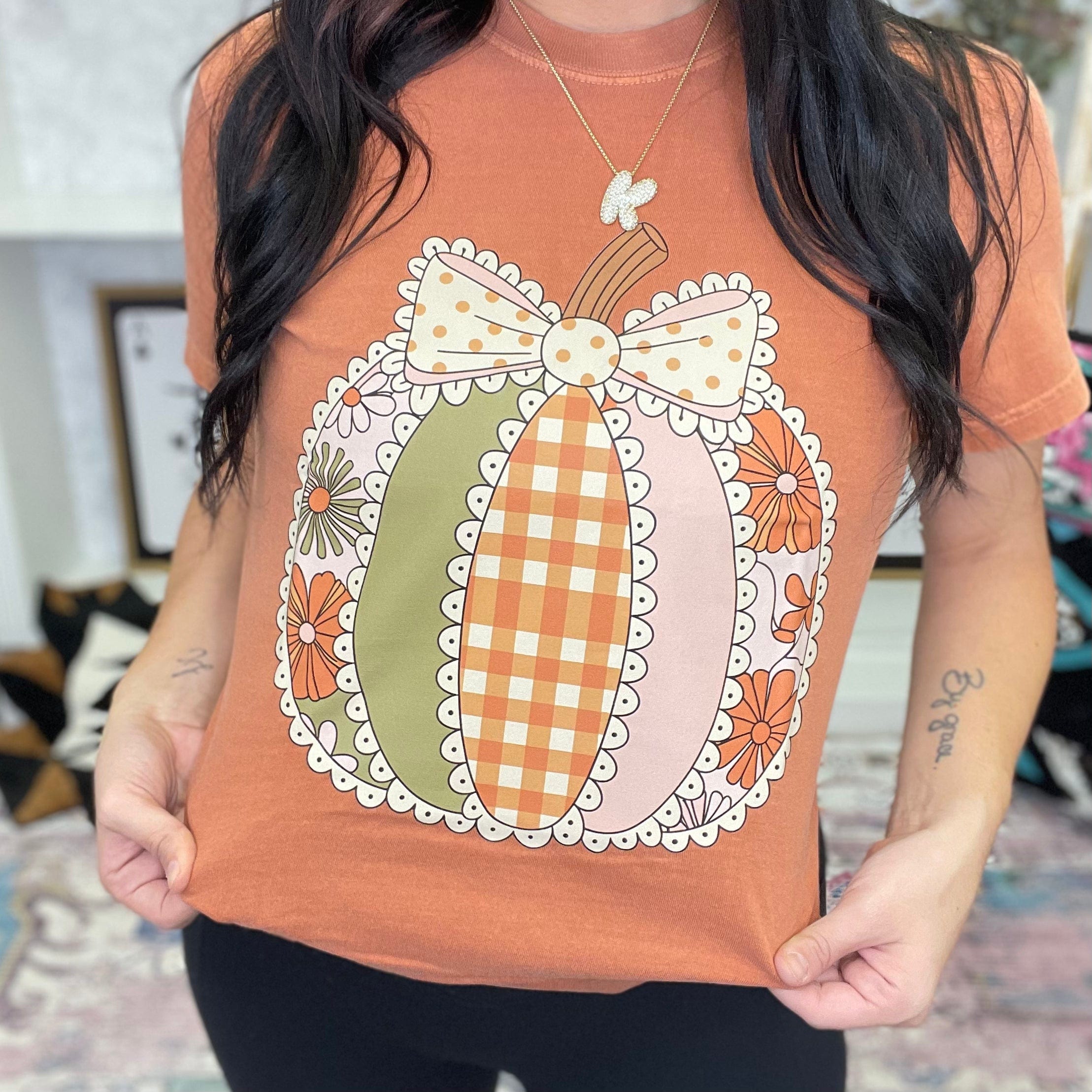 Women - Apparel - Shirts - T-Shirts Lace Patchwork Pumpkin Graphic Tee