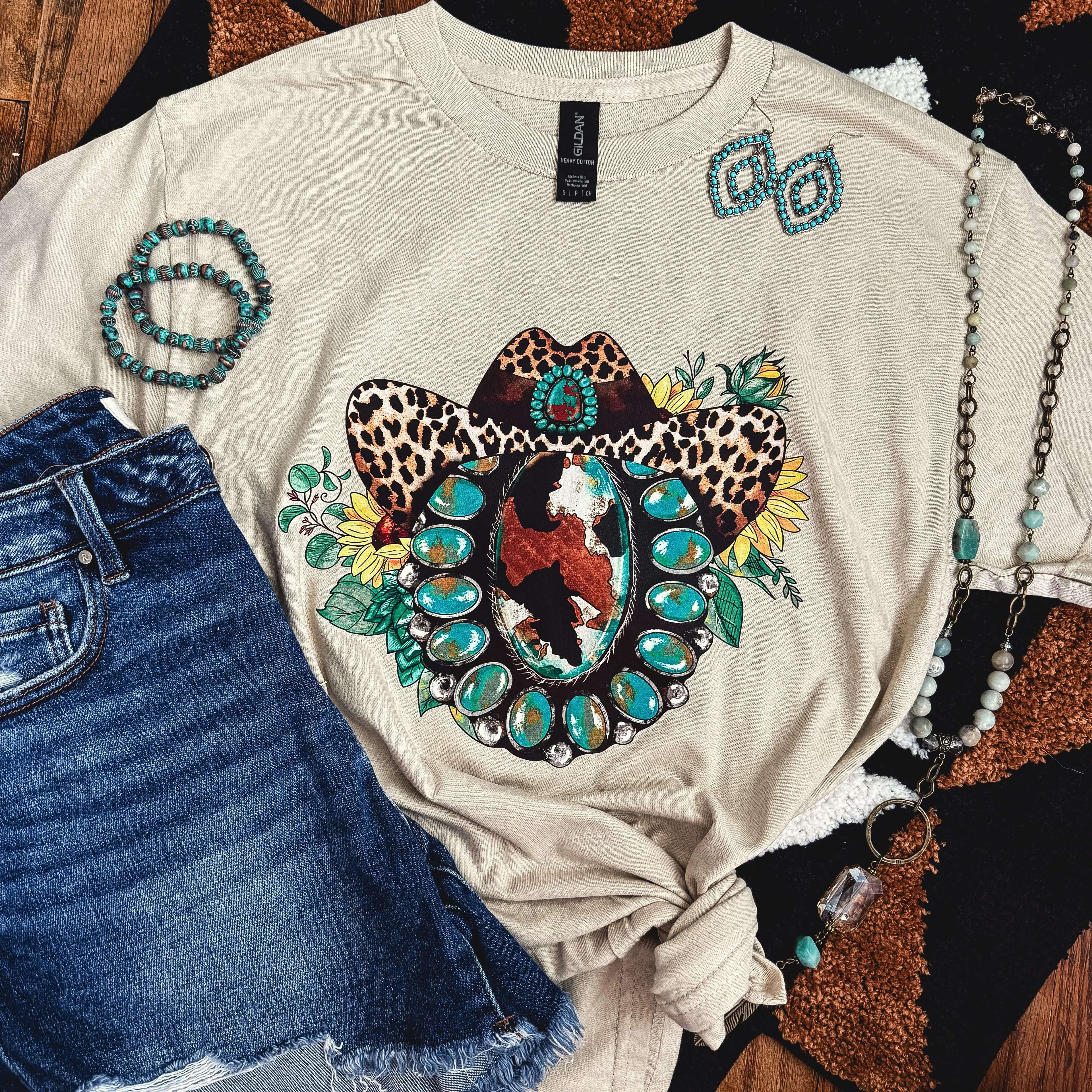 Women - Apparel - Shirts - T-Shirts Leopard Hat Turquoise Squash Blossom Soft Graphic Tee