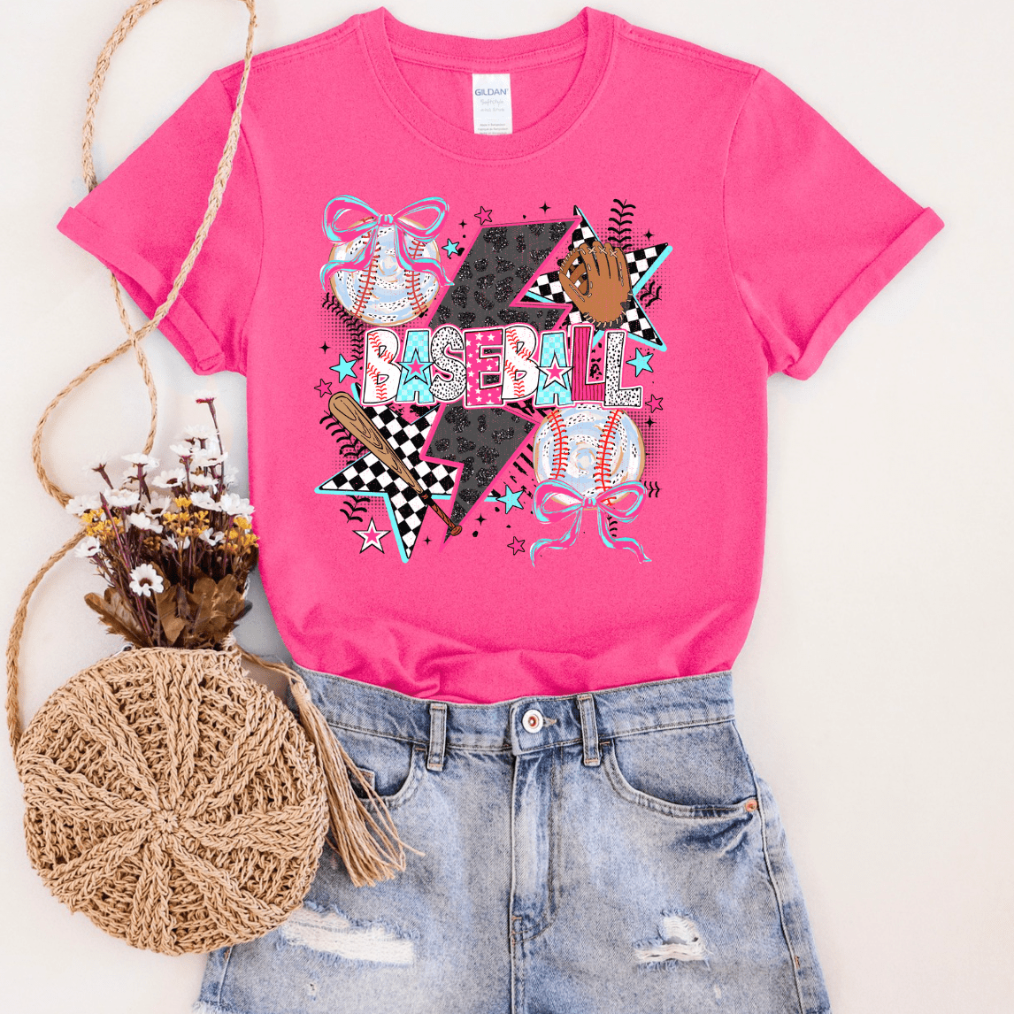 Women - Apparel - Shirts - T-Shirts Leopard Lightning Bolt Baseball Graphic Tee