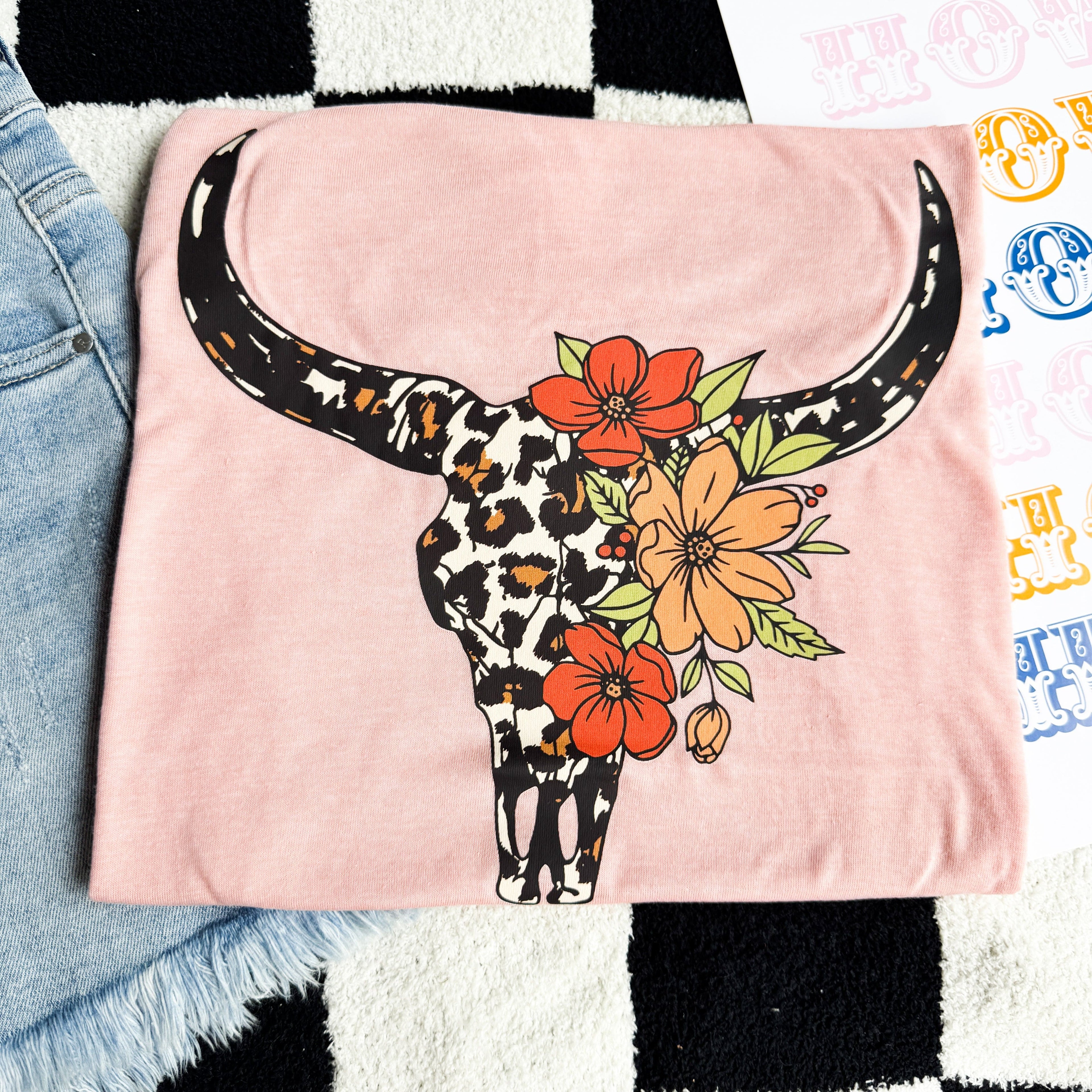 Women - Apparel - Shirts - T-Shirts Peach Leopard Bullskull Graphic Tee