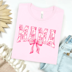 Women - Apparel - Shirts - T-Shirts Pink Floral Mama with Bow Graphic Tee