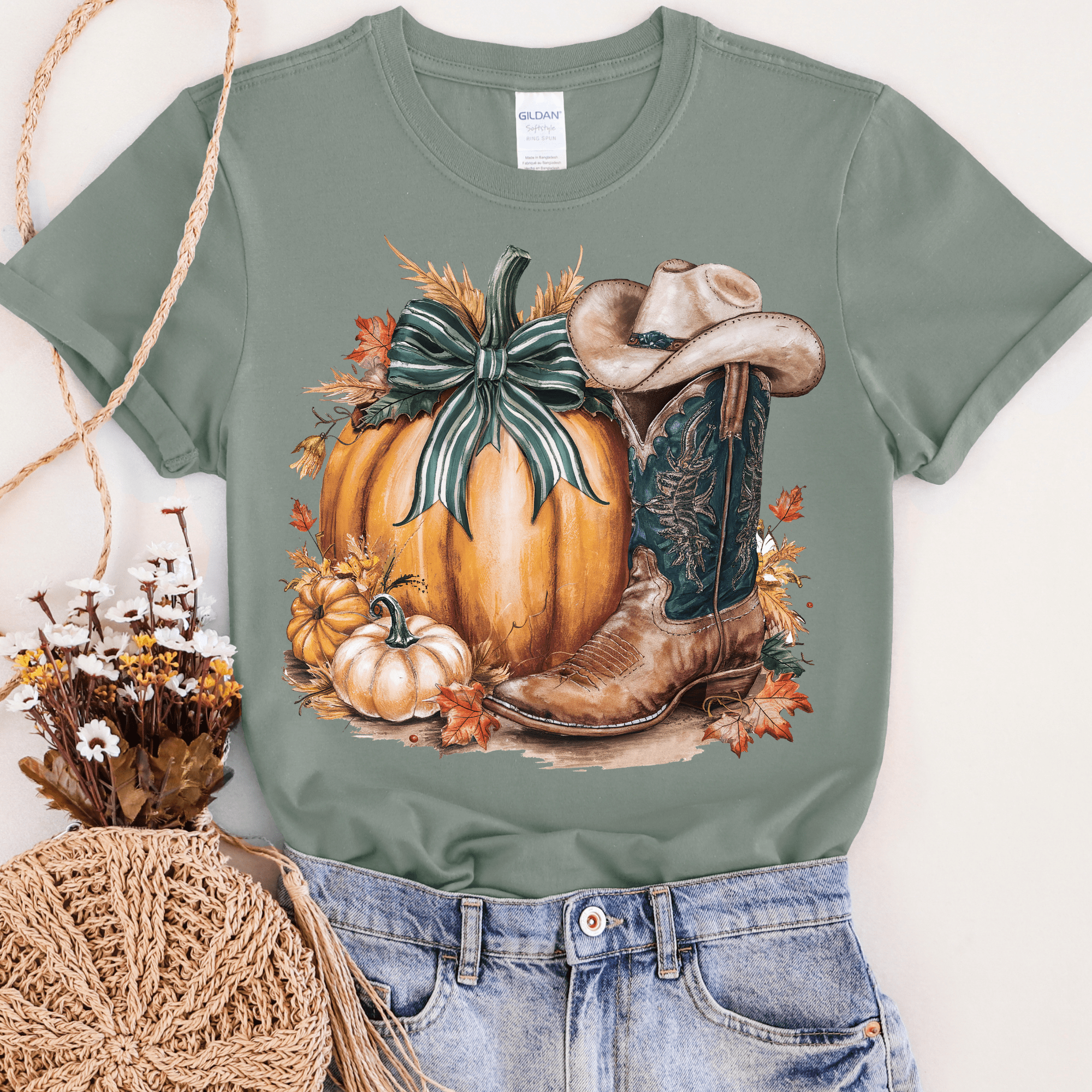 Women - Apparel - Shirts - T-Shirts Pumpkin with Cowboy Boot Graphic Tee